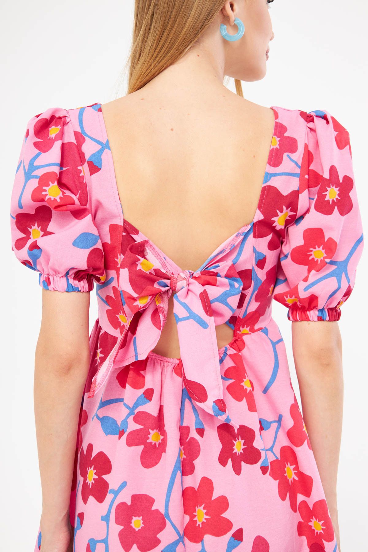 Female Pink Square Yaka Sıme Bağlama Detailed Waist Waist Waisnous Princess Arm Mini Dress ARM-24Y001078