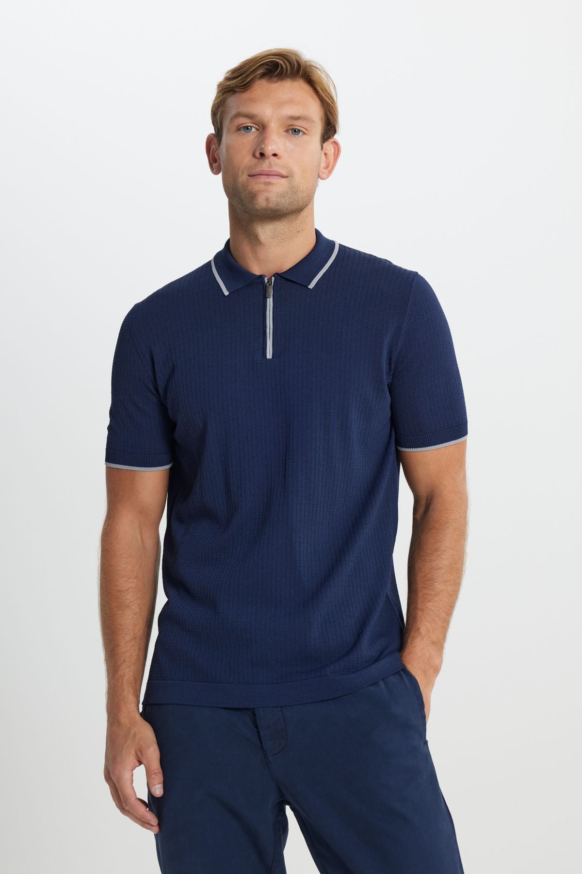 Men's navy blue-gray standard fit normal cut Polo Yaka Jacquar