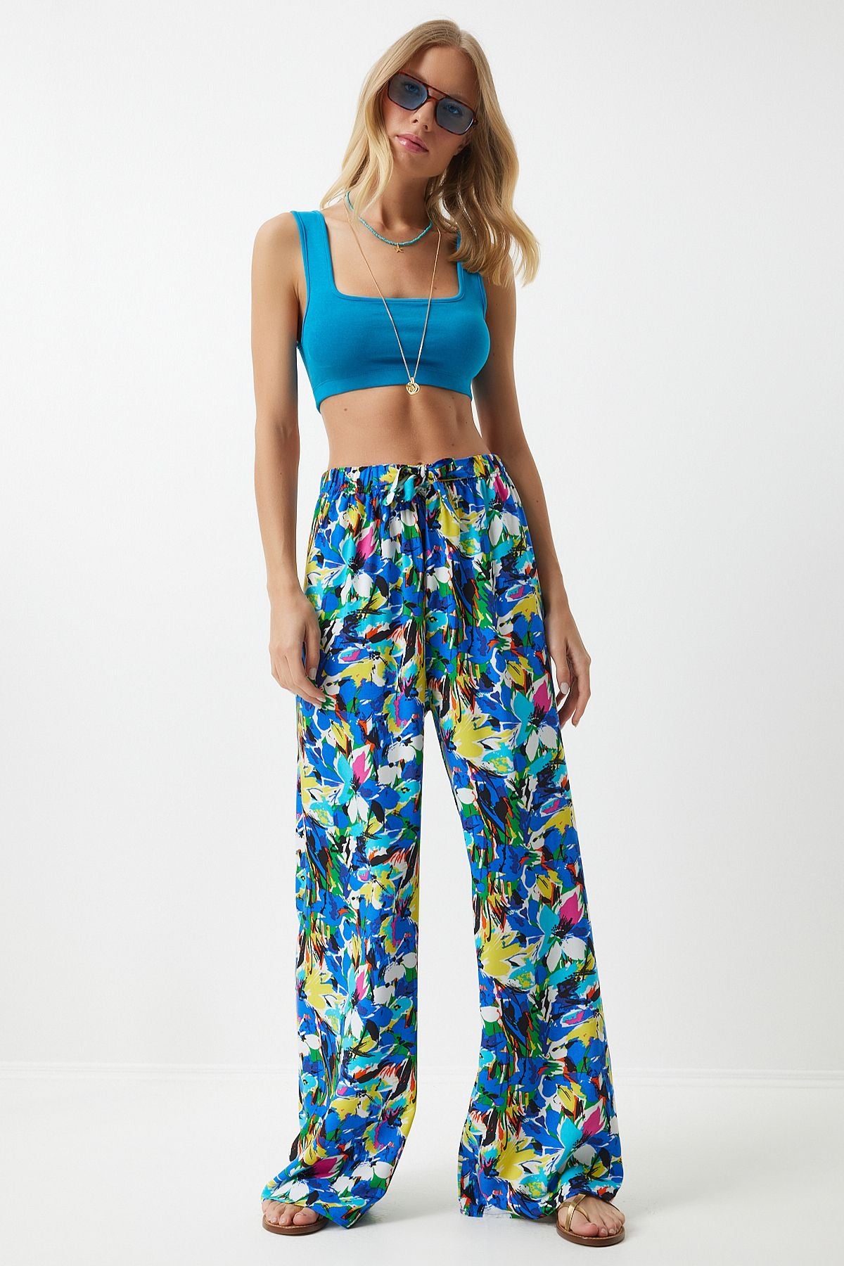 Woman Yellow Blue Blue Patterned Viscose Palazzo Pants EN00606