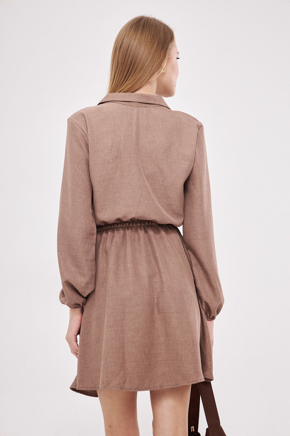 Female mink shirt collar cruishe waist and arm rubber dress with rubber dress ARM-25K001047
