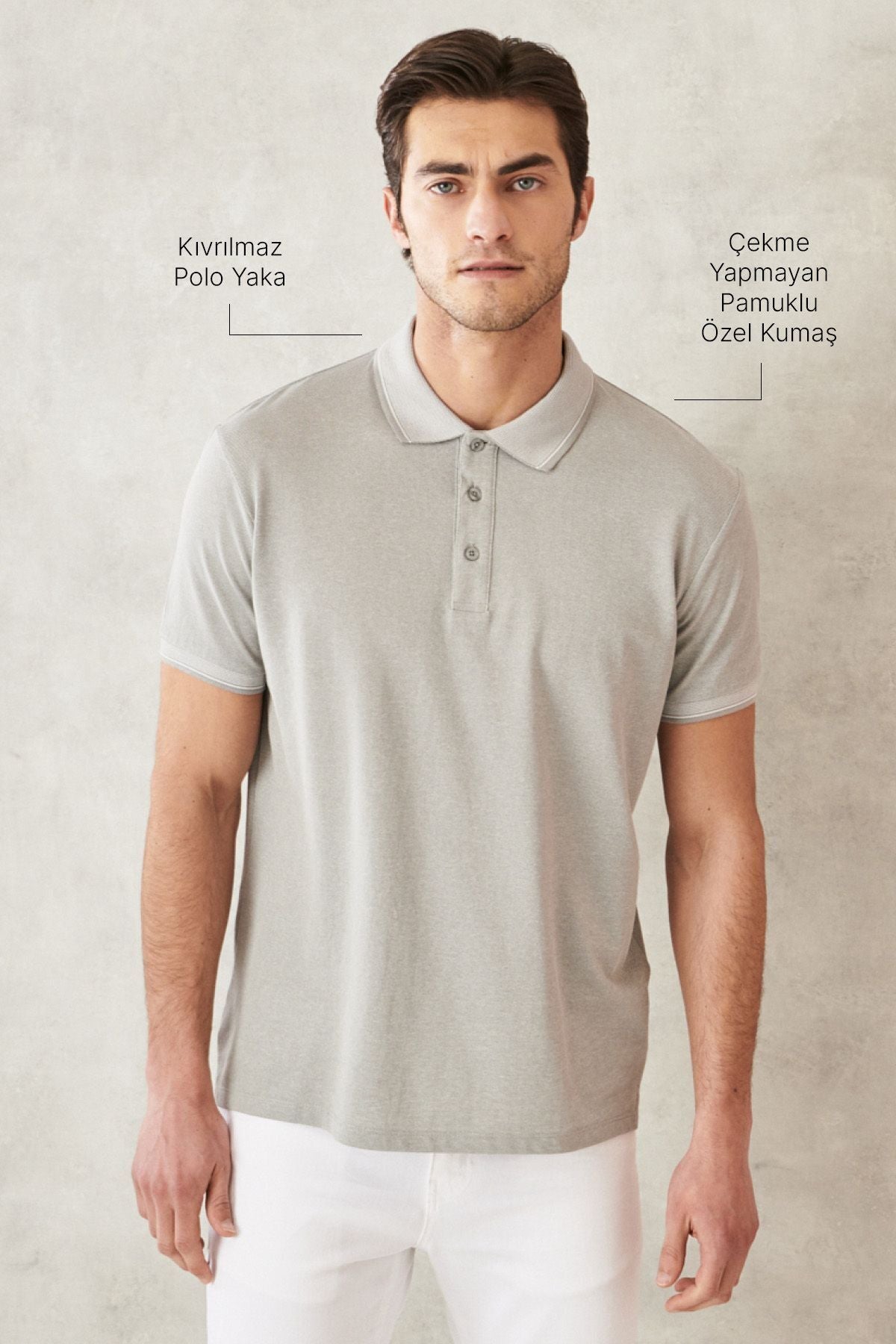 Men -Plugging Cotton Fabric Slim Fit Night Cut Gray Gray Curlled Polo Yaka T -shirt