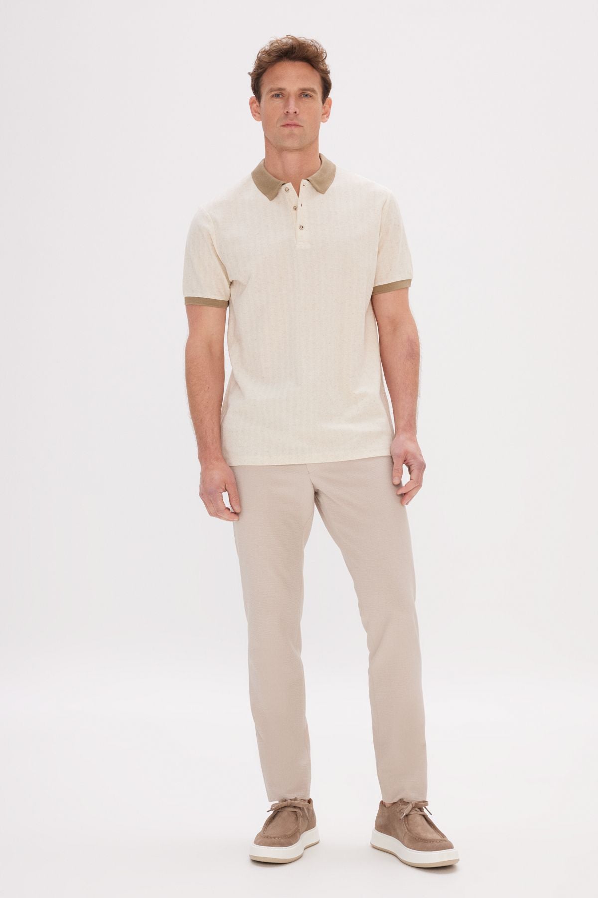 Men's Beige-Vizon Slim Fit Narrow Cut Cotton Patterned Polo Yaka T-shirt