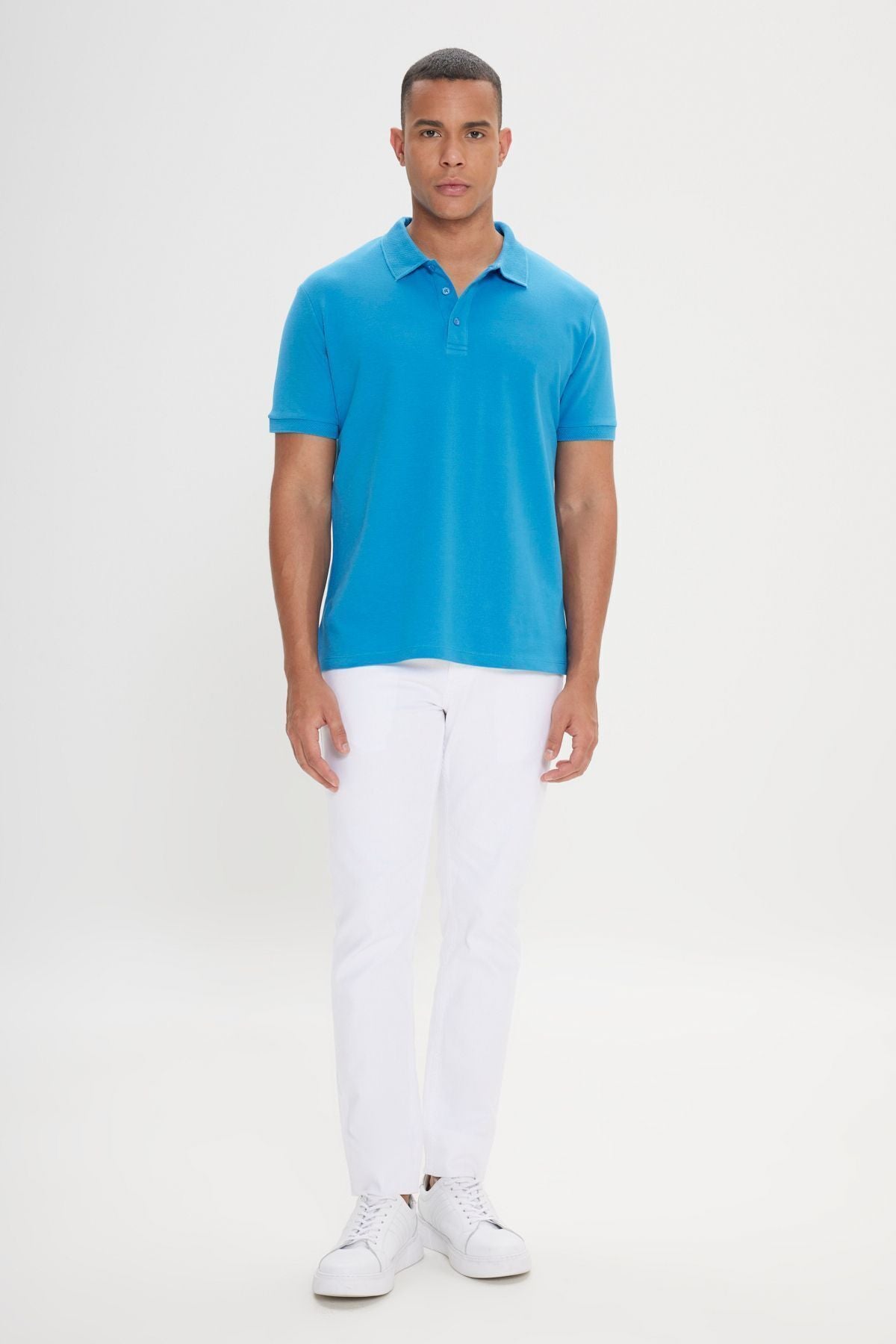 Men's turquoise 100 %cotton curved pike polo collar slim fit narrow cut t -shirt