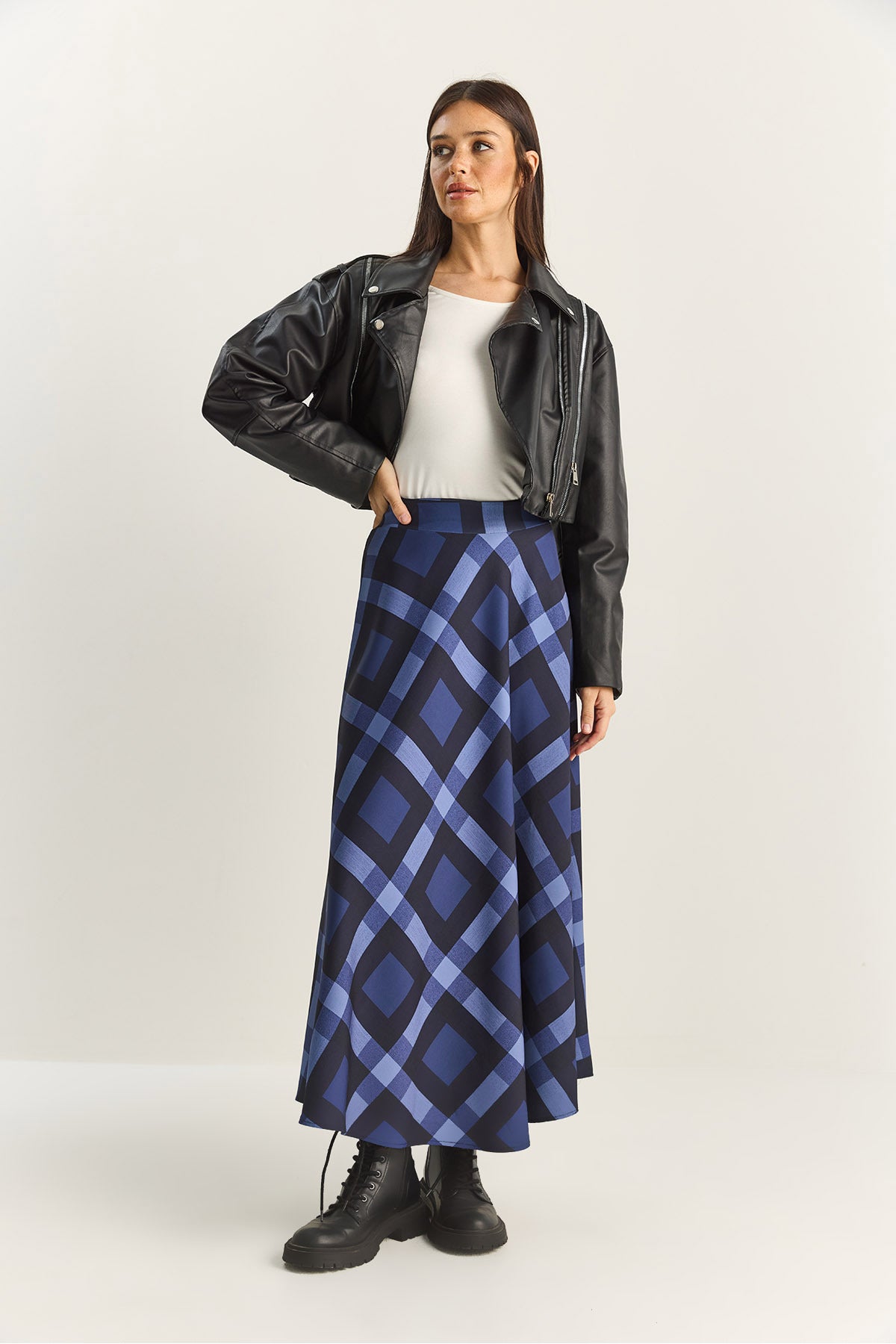 Women's Plaid Patterned Lined Maxi Flared Skirt DE251118 60283879