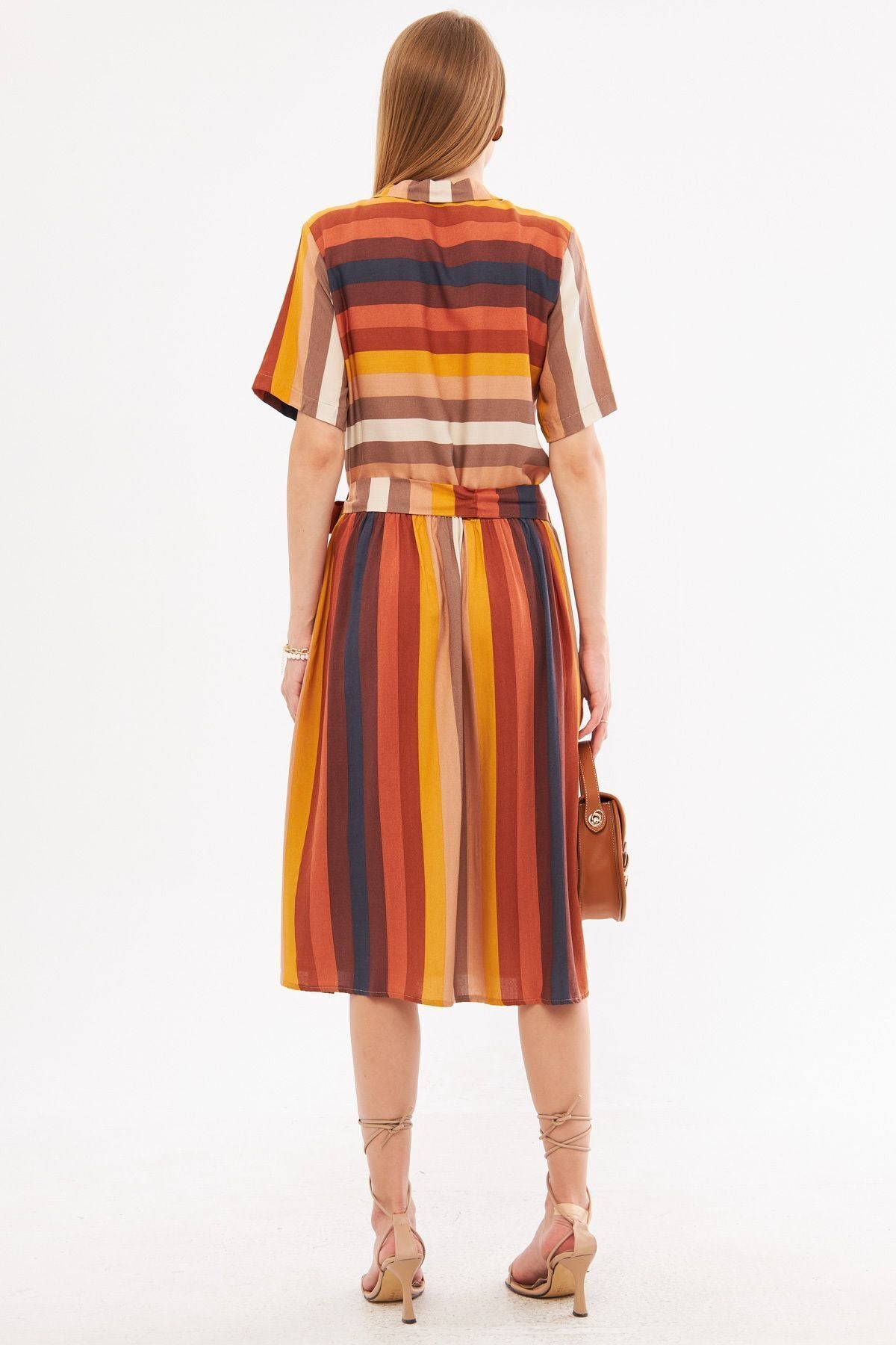 Female colorful front buttoned waist shirred belt midi size dress ARM-24Y001068