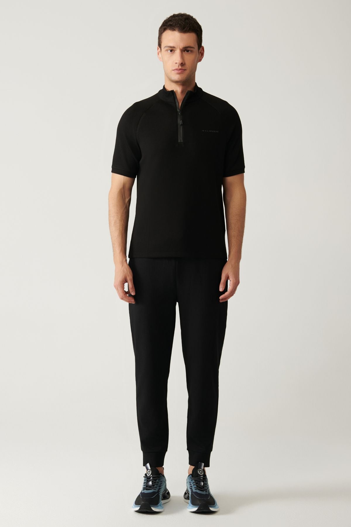 Men's black upright collar half zipper printed T-shirt A41y1312