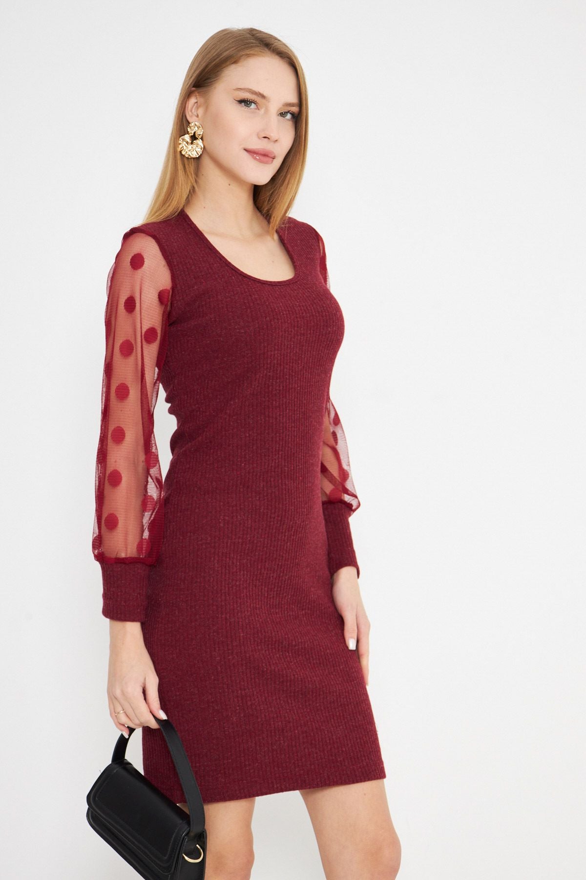 Female Bordeaux U Yaka Sitting on the Body Arms Tulle Detail Kashkorse Knitwear Dress ARM-25K001068