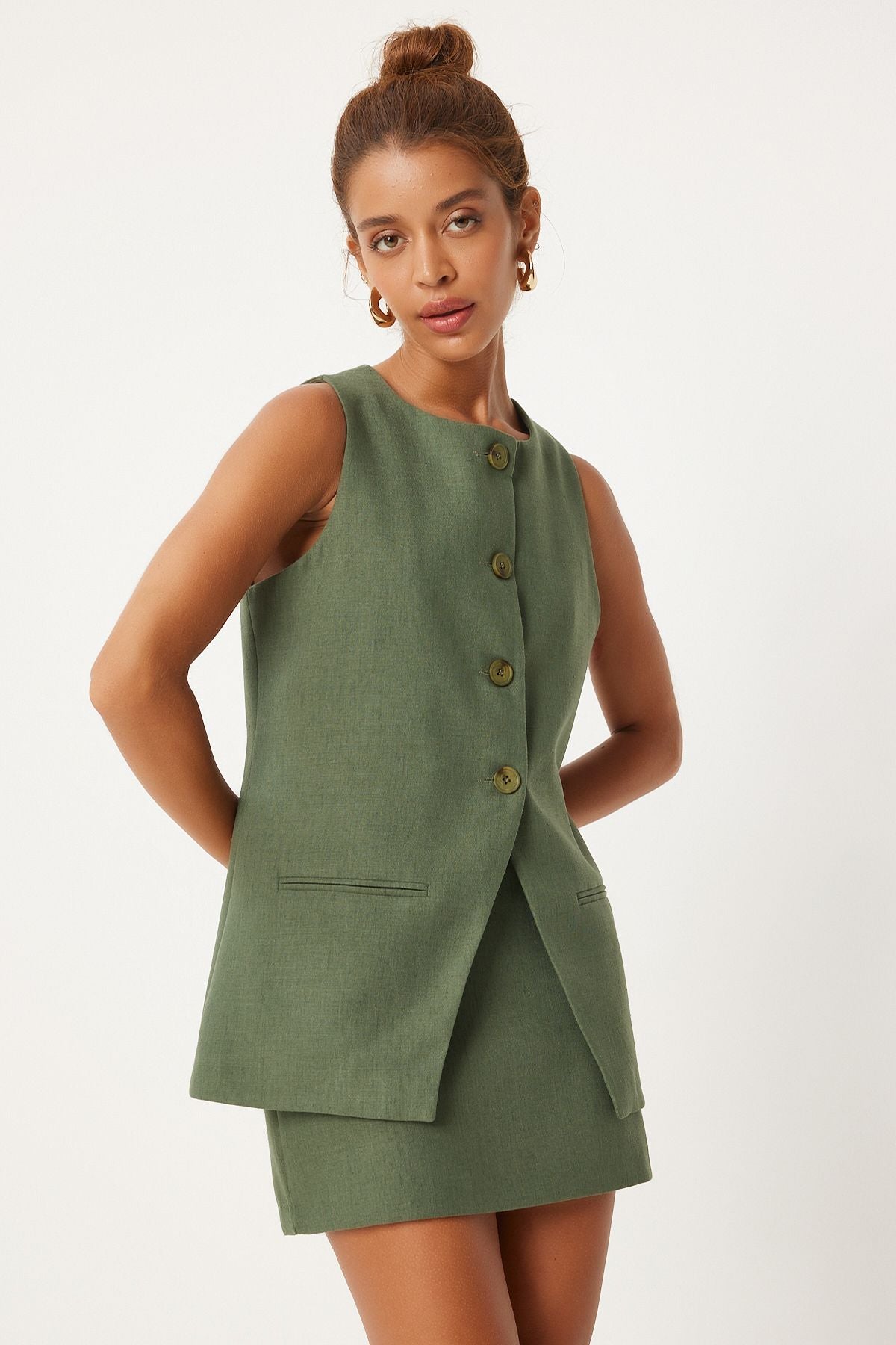 Women Cagla Green Mini Woven Skirt FN03240