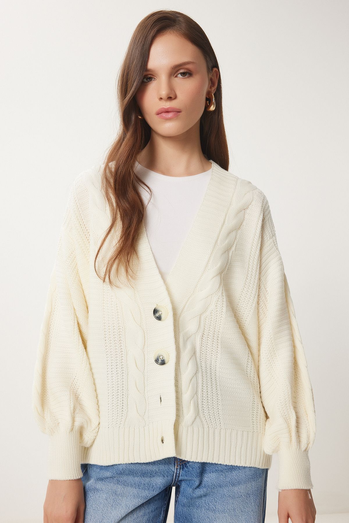 Female Ecru braided balloon sleeve shabby knitwear cardigan mx00176