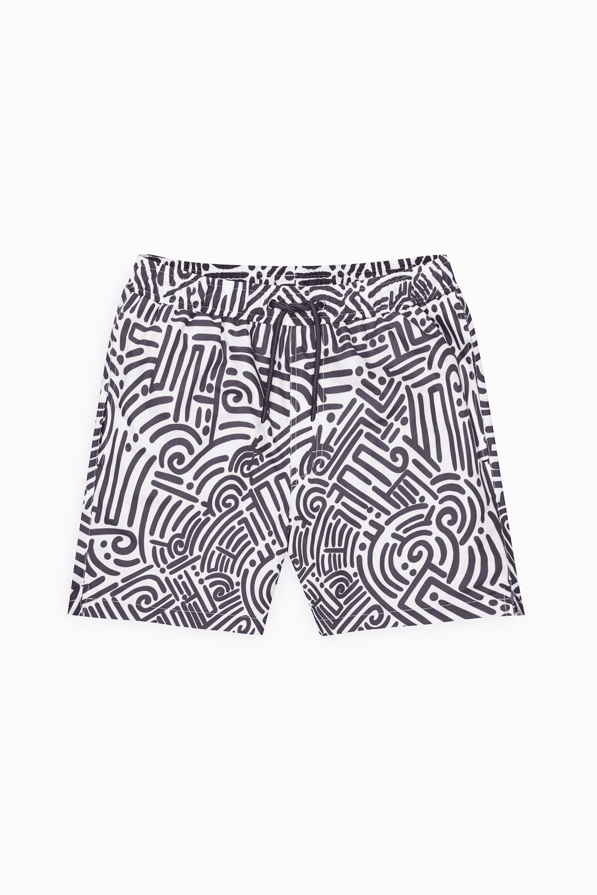 Men's White Black Standard Fit Normal Cutting Pocket Fast Drying Patterned Mayo Sea Short