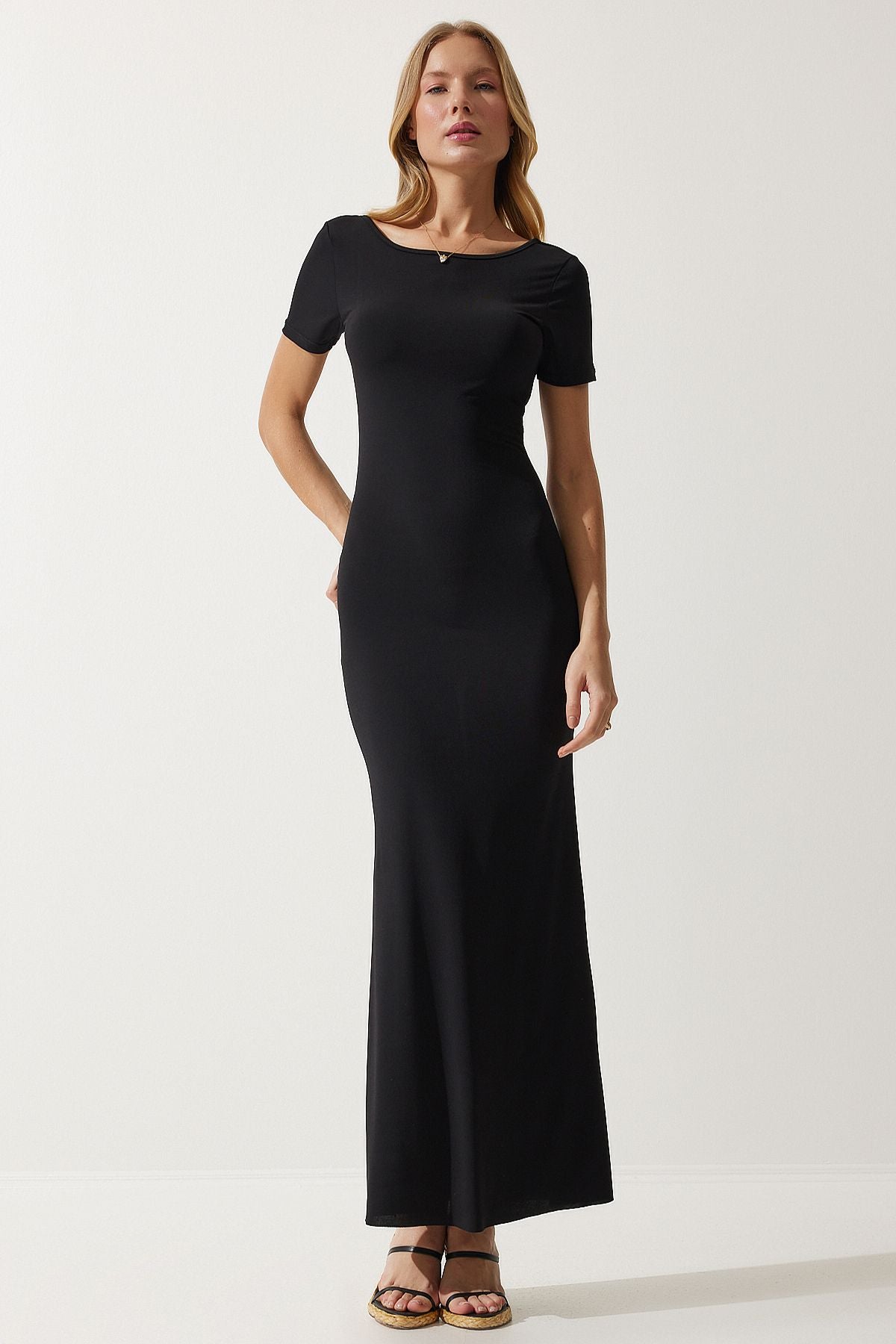 Women's black back low -cut long sandy knit dress dz00115