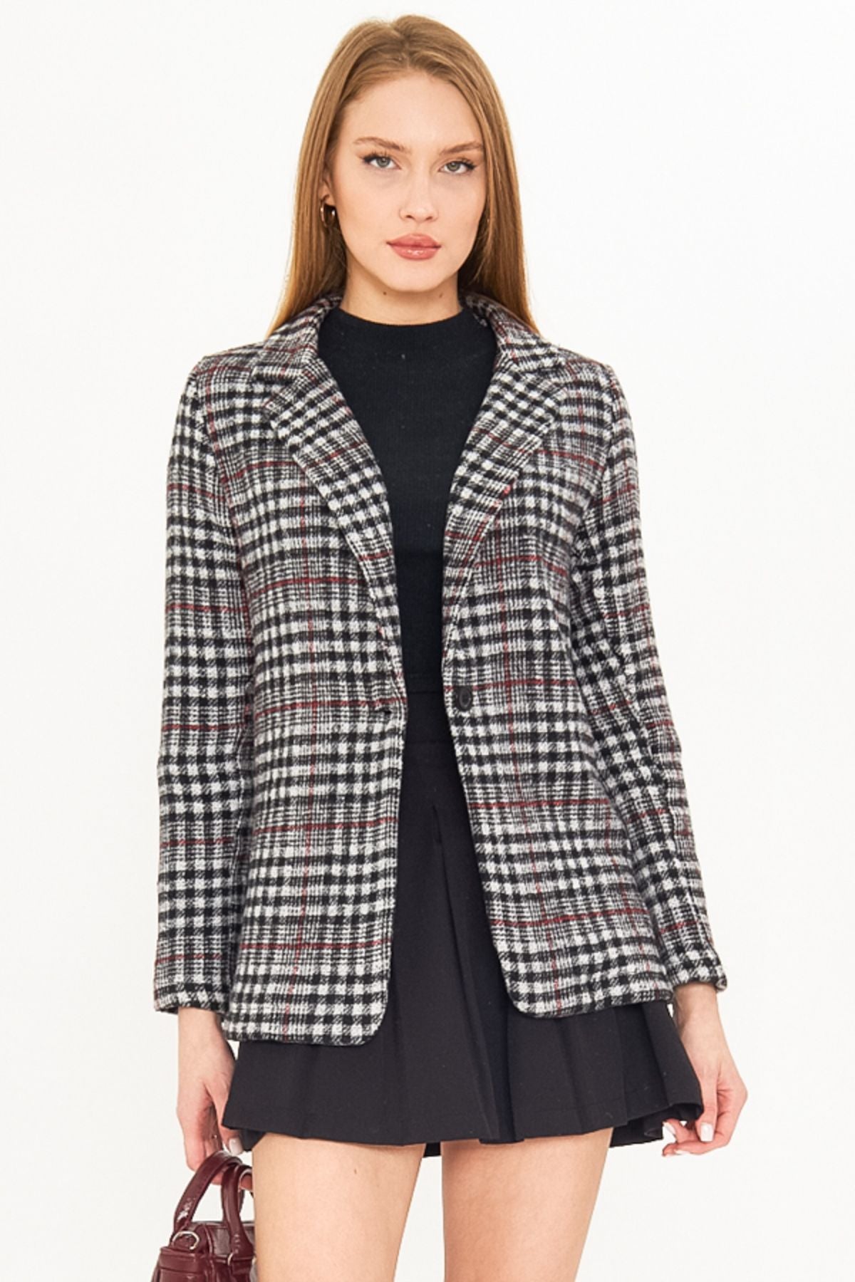 Female black plaid pattern single button stamp jacket ARM-25K001083