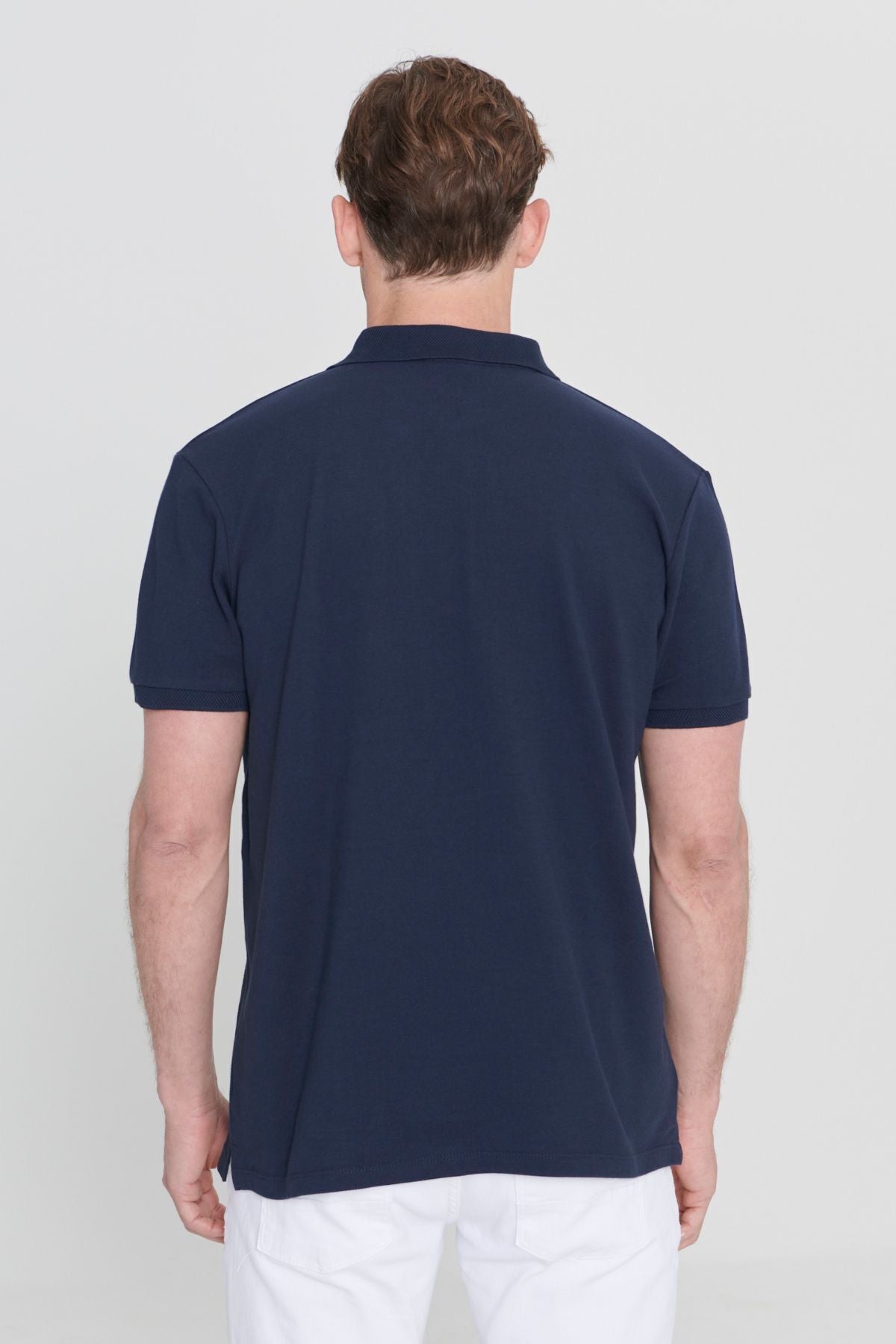 Male Navy Blue 100 %Cotton Curiated Pike Polo Yaka Slim Fit Narrow Cut T -shirt