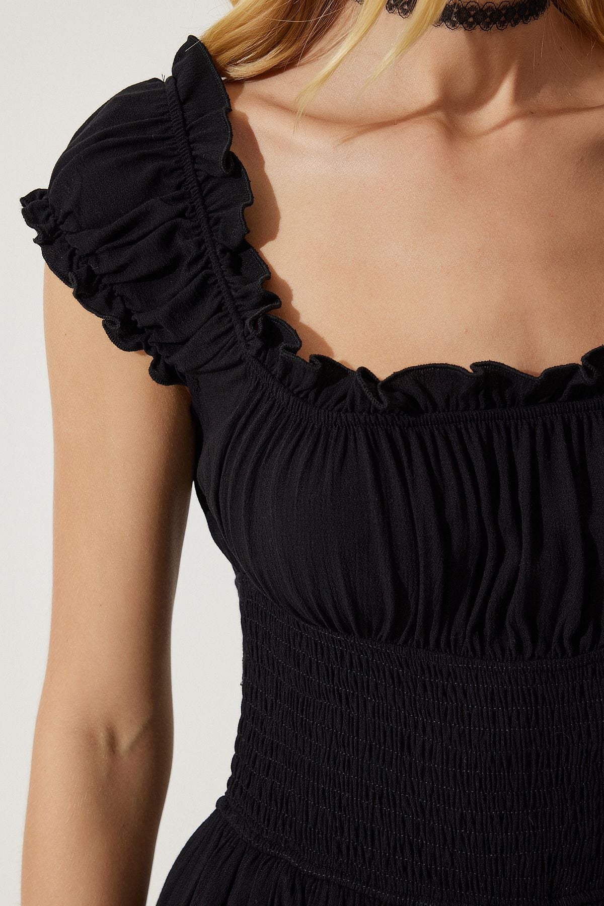 Female black carmen collar mini weaving overalls dress ub00263