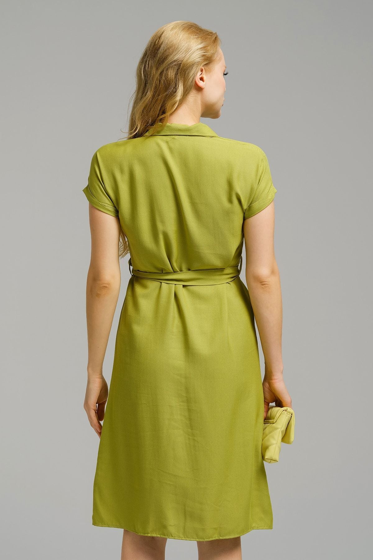 Women's Oil Green Waist Belt Short Sleeve Shirt Dress ARM-19Y001068