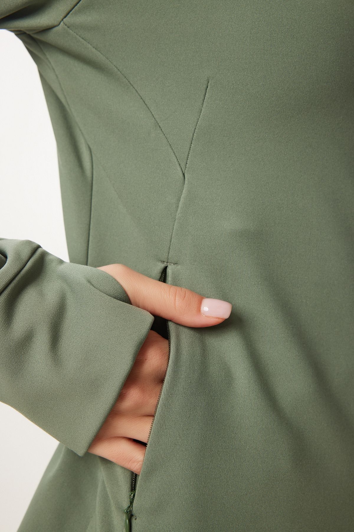 Female Khaki Finger Detailed Hooded Zipper Knitting Sweatshirt VX00007