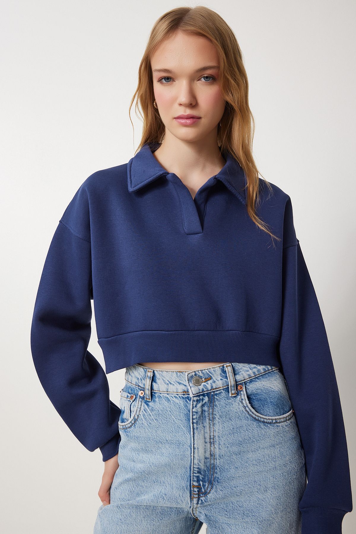 Woman Navy Blue Polo Collar Crop Knitting Sweatshirt HW00014