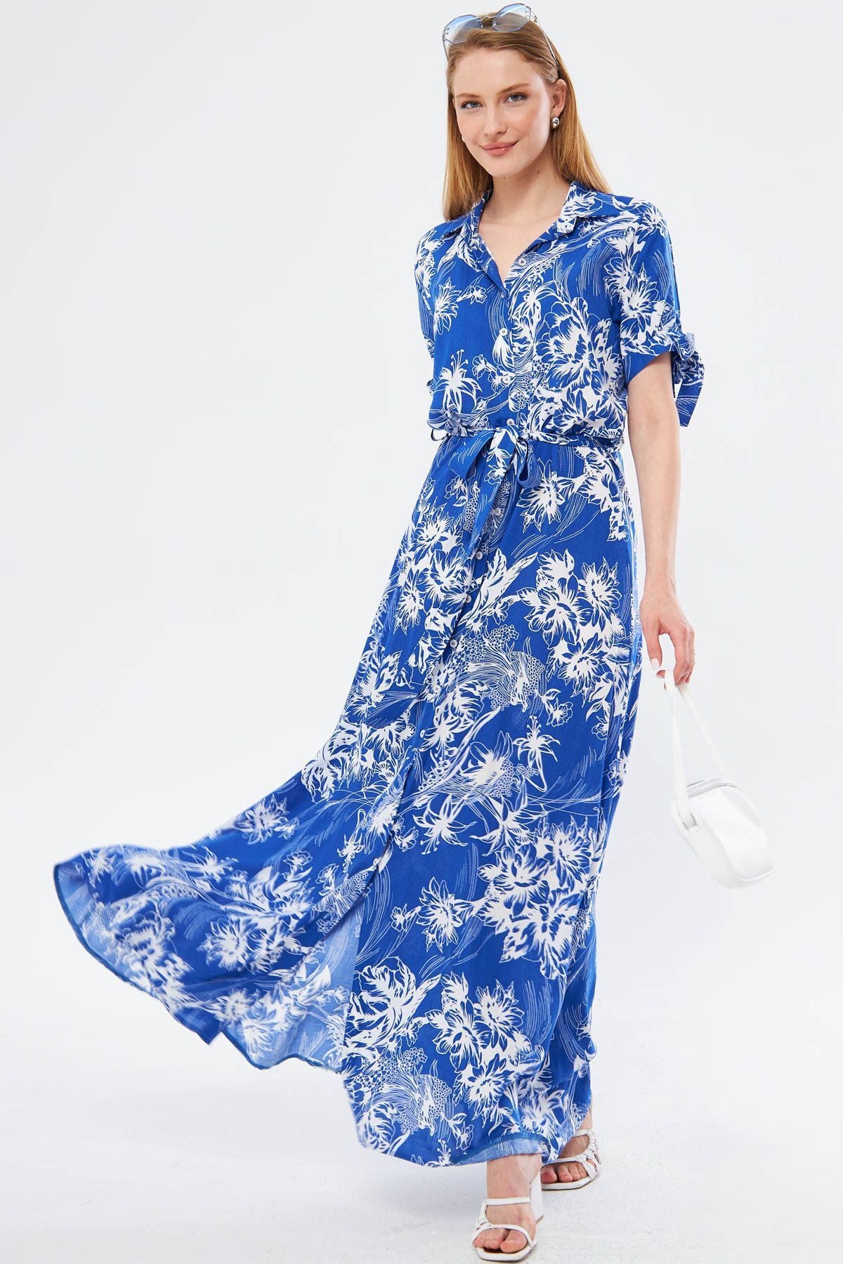 Female Blue Arm Tied waist belt shirt dress ARM-23Y001004