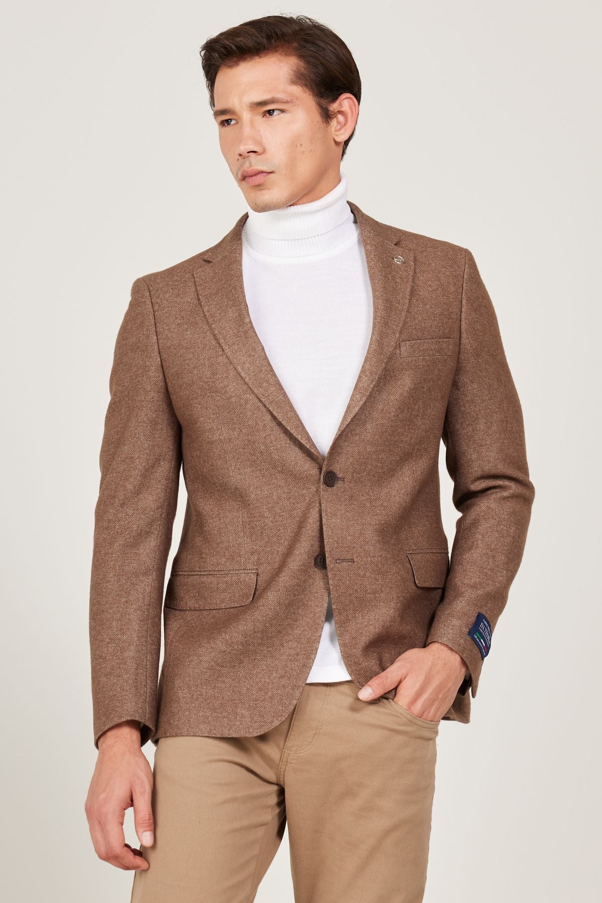 Men's brown slim fit narrow cutting mono collar woolen jacket