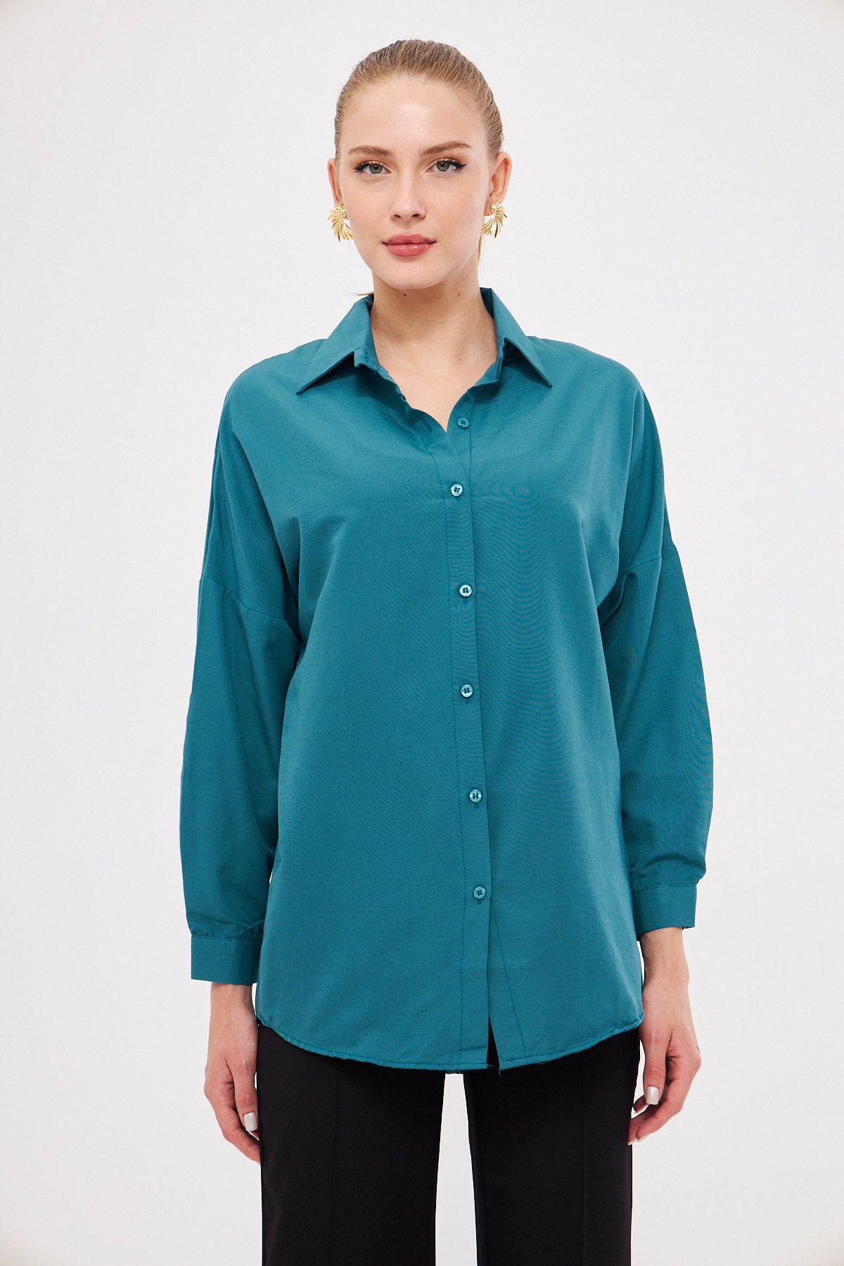 Women's Petroleum Oversize Long Basic Shirt ARM-221118