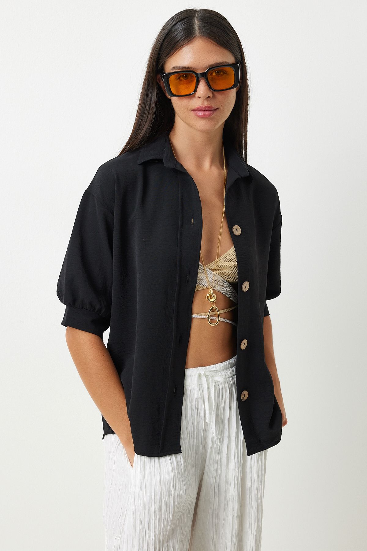 Female black balloon sleeve linen Ayrrin shirt DD01321