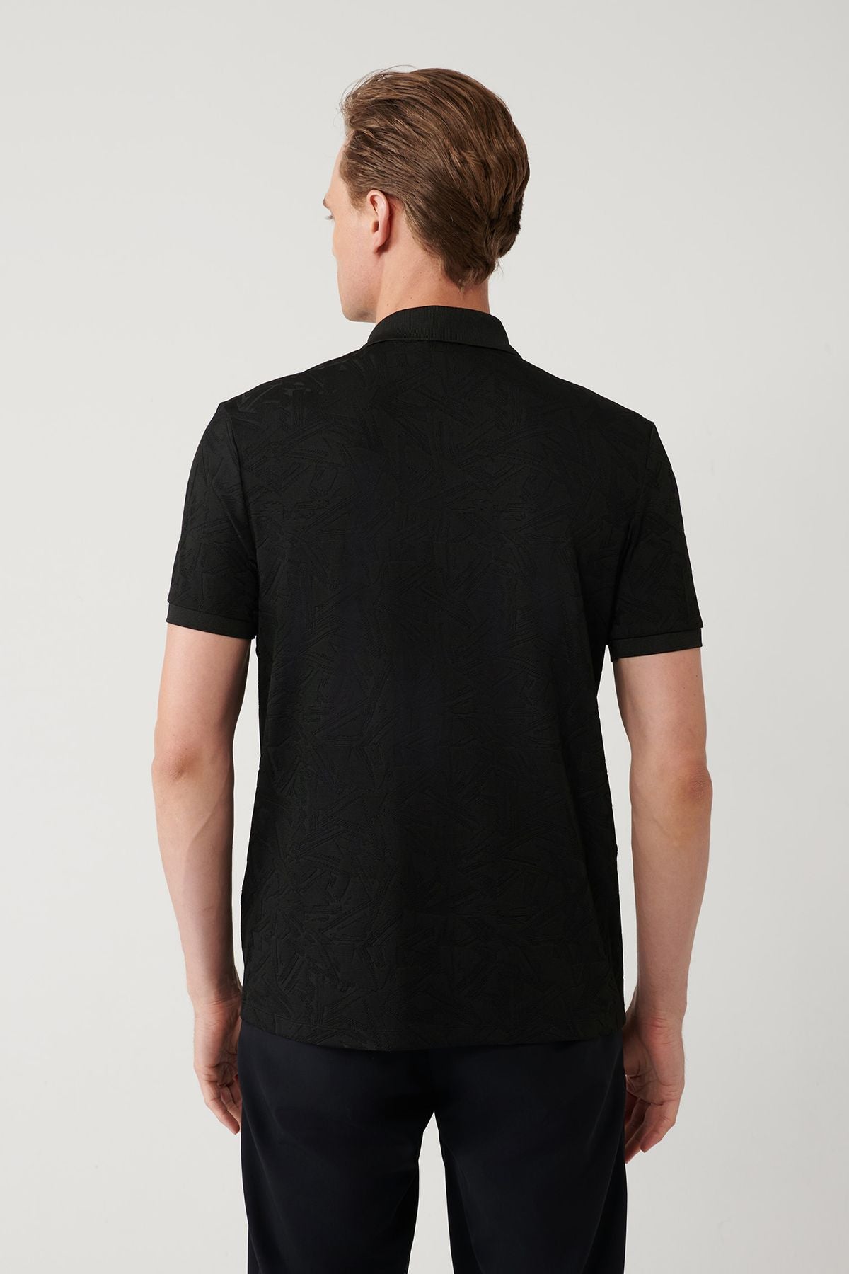 Men's Black Zipper Jacquard Polo Yaka T-shirt A41y1118
