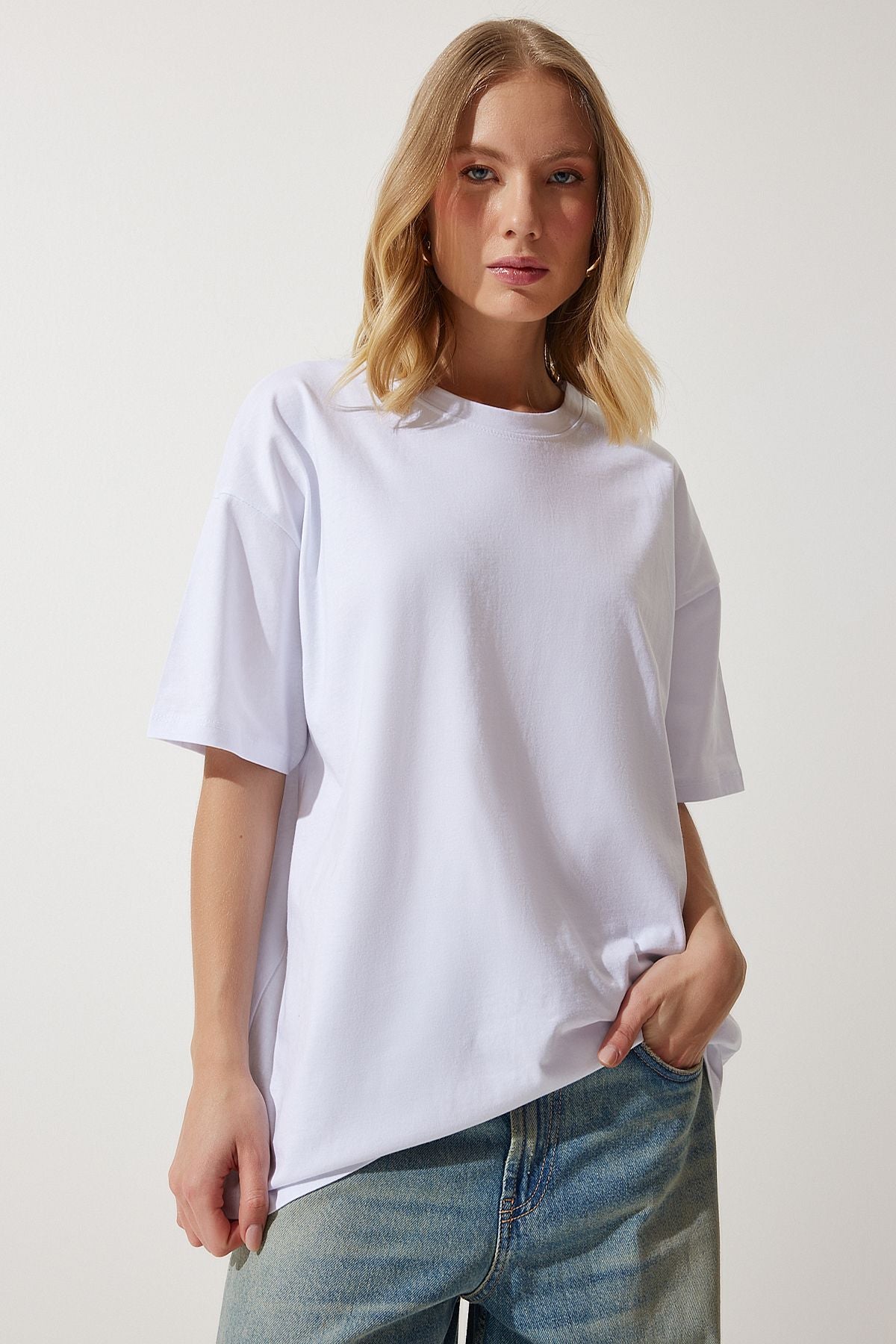 Woman White Bike Neck Basic Oversize Knitting T-Shirt BF00091