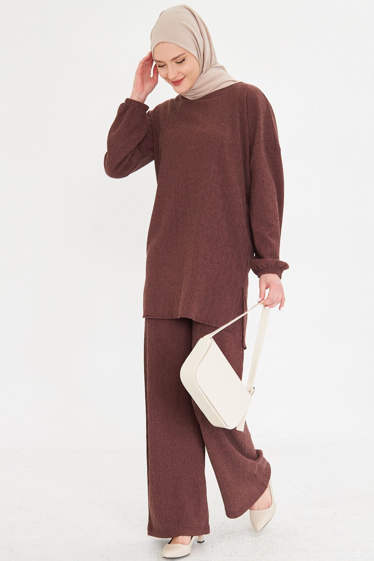 Women's coffee zero collar sleeve tire as well as slit pants hijab double set ARM-25K001109