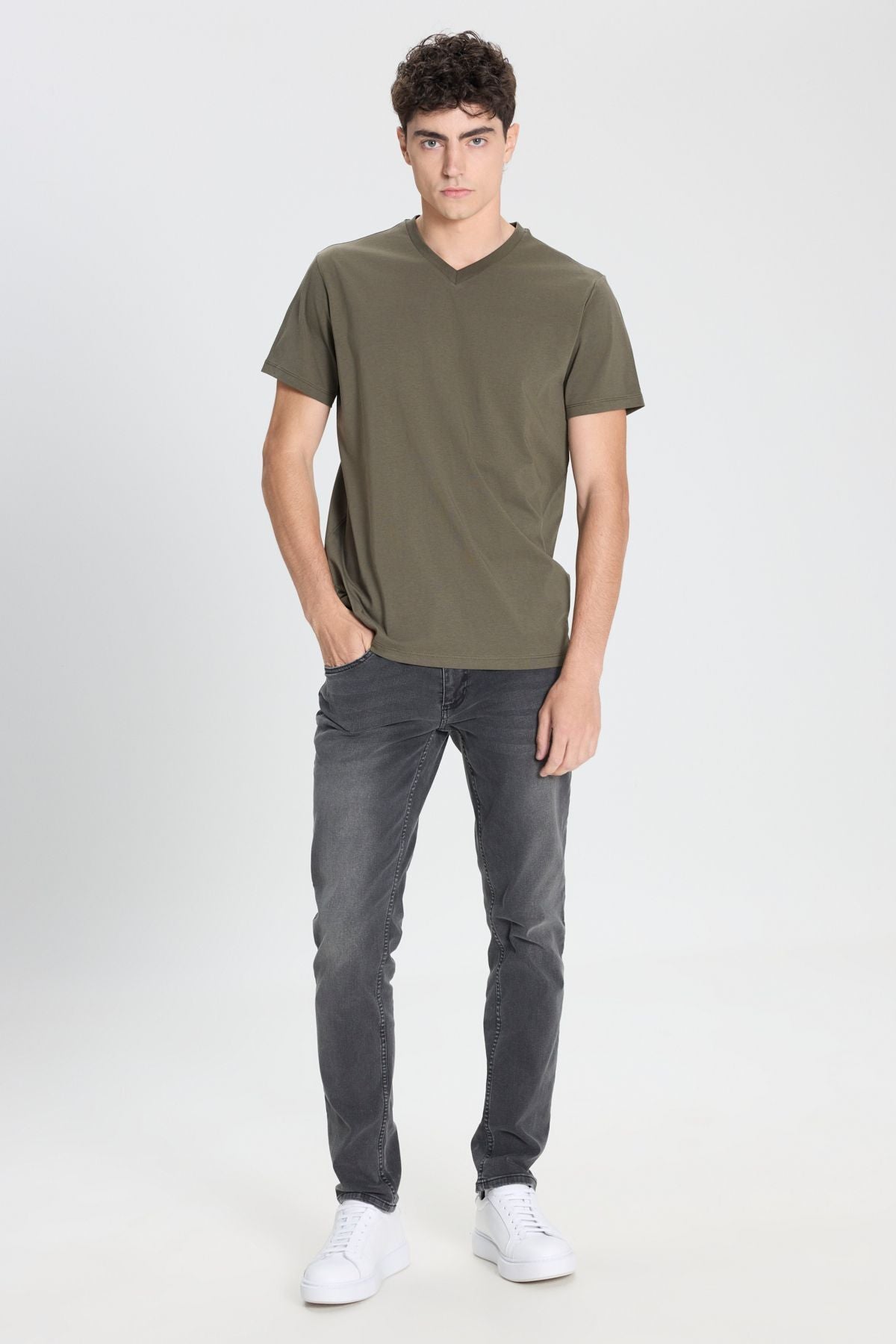 Male 100 %Cotton V -Neck Khaki Khaki Slim Fit Narrow Cut T -shirt