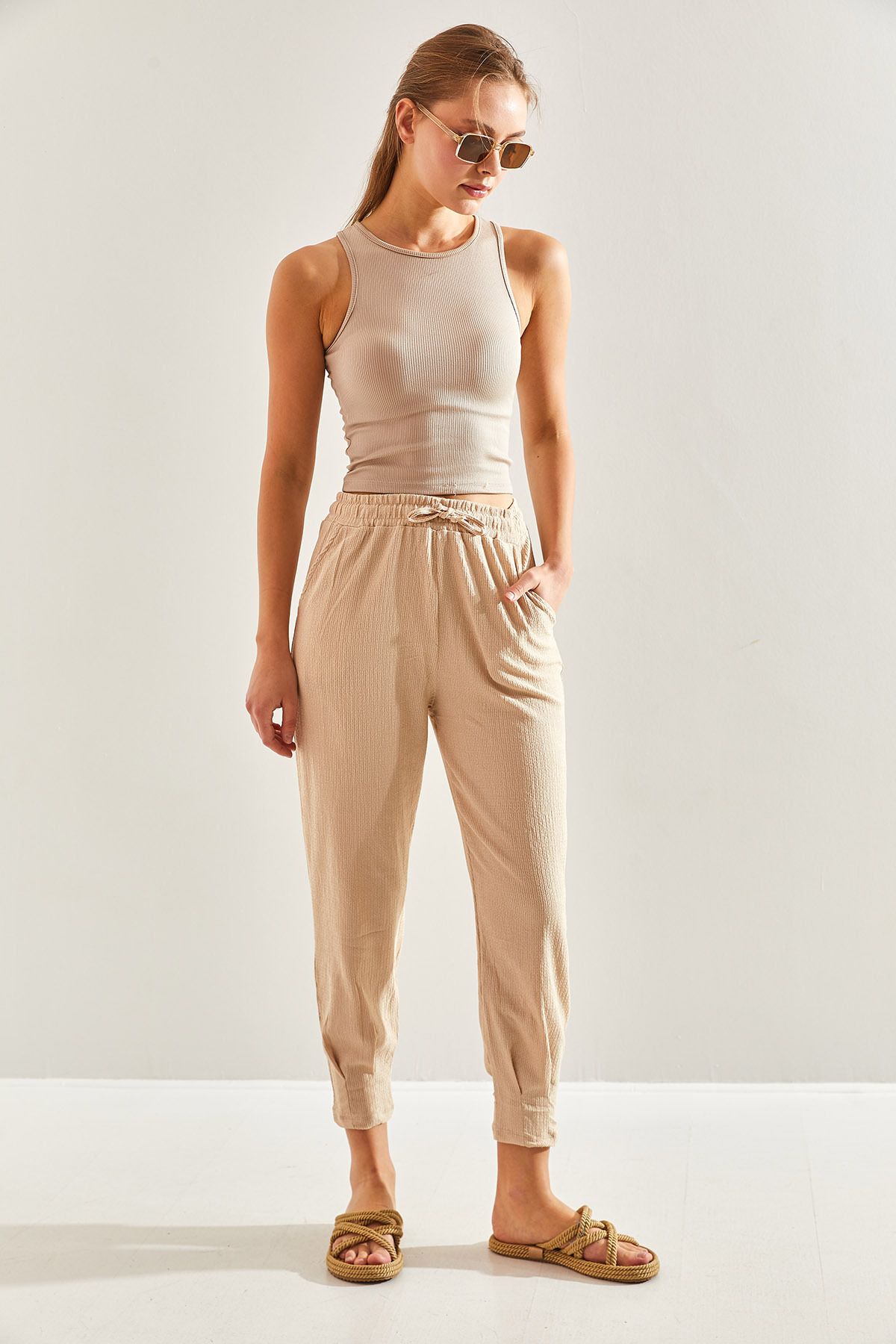Women's waist rubber cowpea fabric pants 60171018