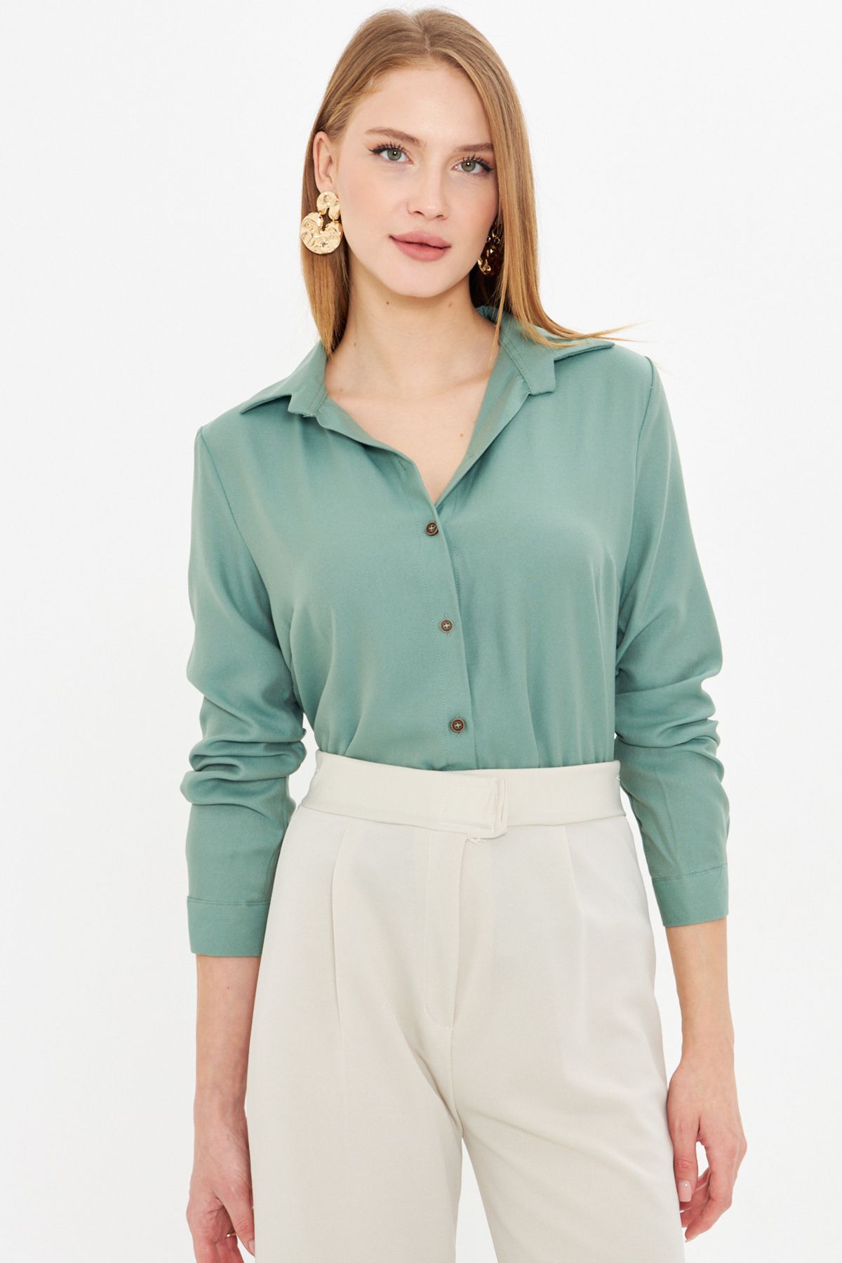 Women's Cagla Green Long Sleeve Flat Shirt ARM-18Y001176