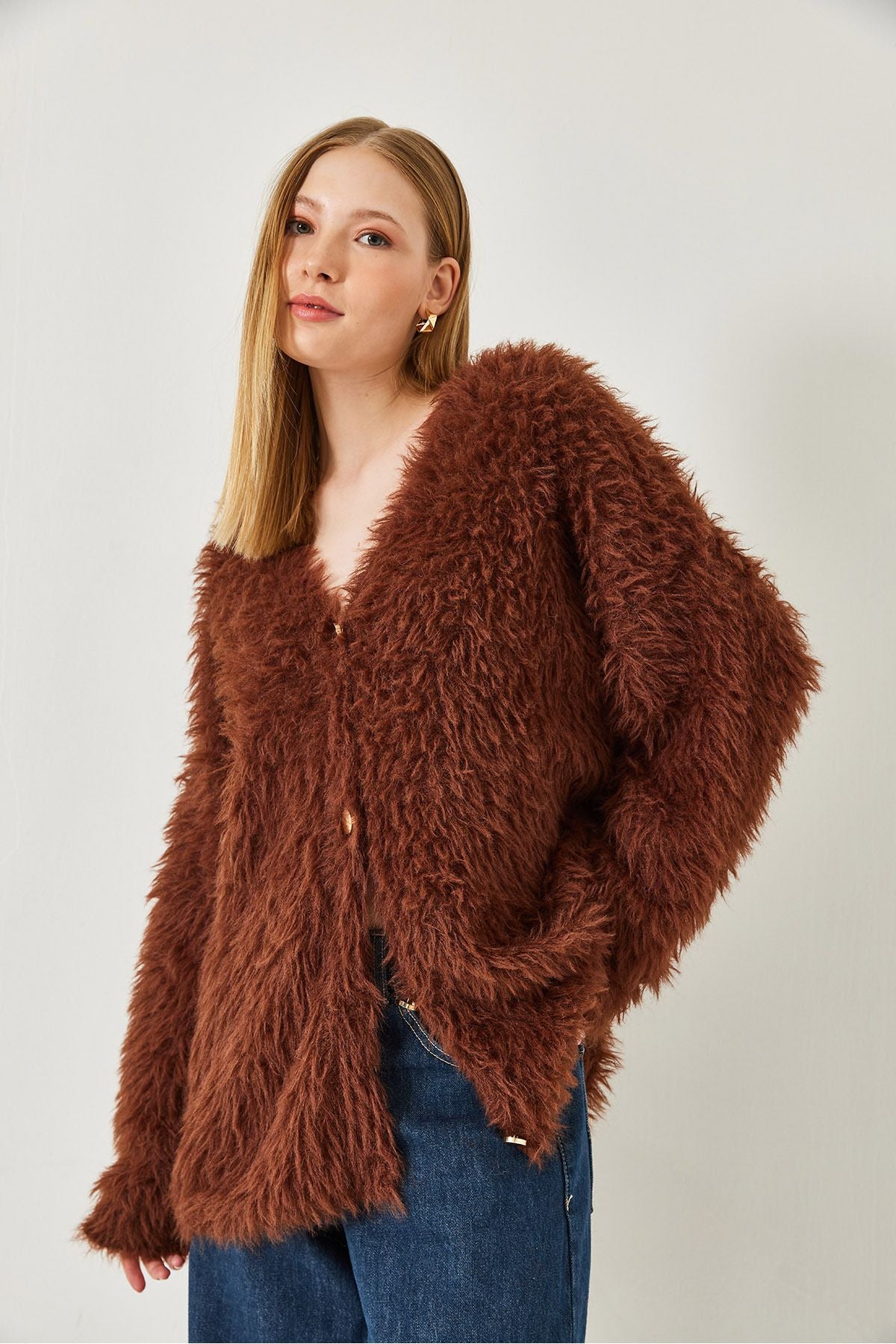 WOMEN V -neck button with soft beard knitwear cardigan 241149 60261298