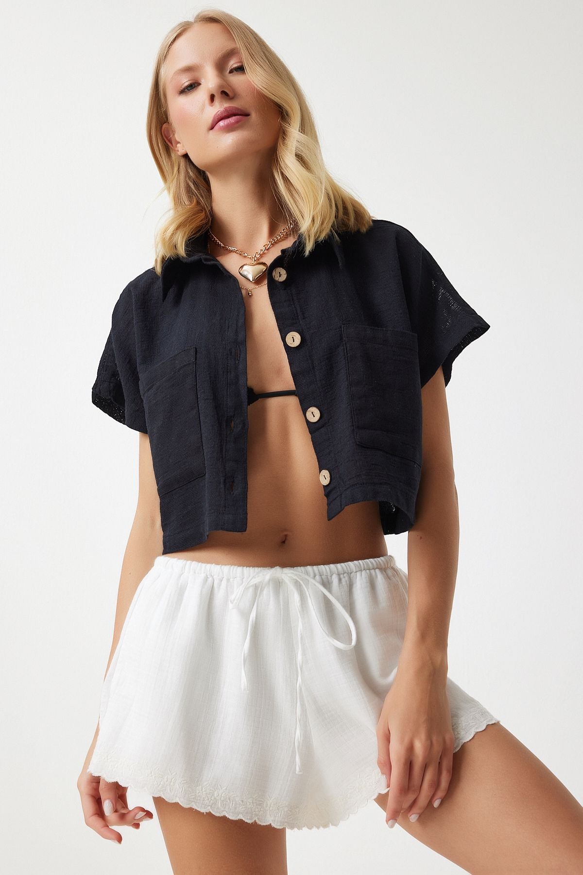 Women's Black Wide Pocket Cottage Summer Bolero Jacket GP00004
