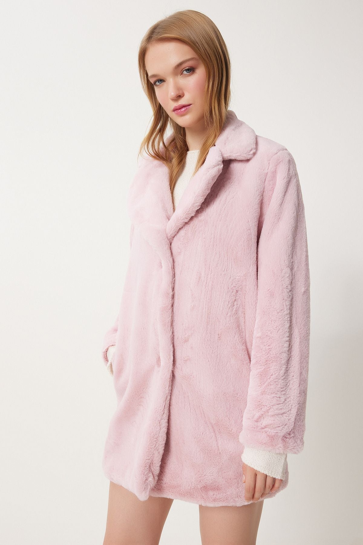 Woman Pink Artificial Fur Coat Rv00072