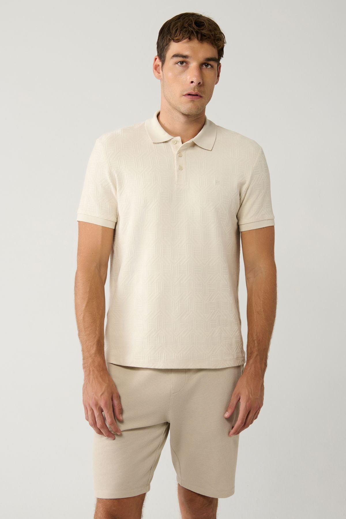 Men's Beige Polo Yaka Jacquard Cotton T-shirt A41y1040