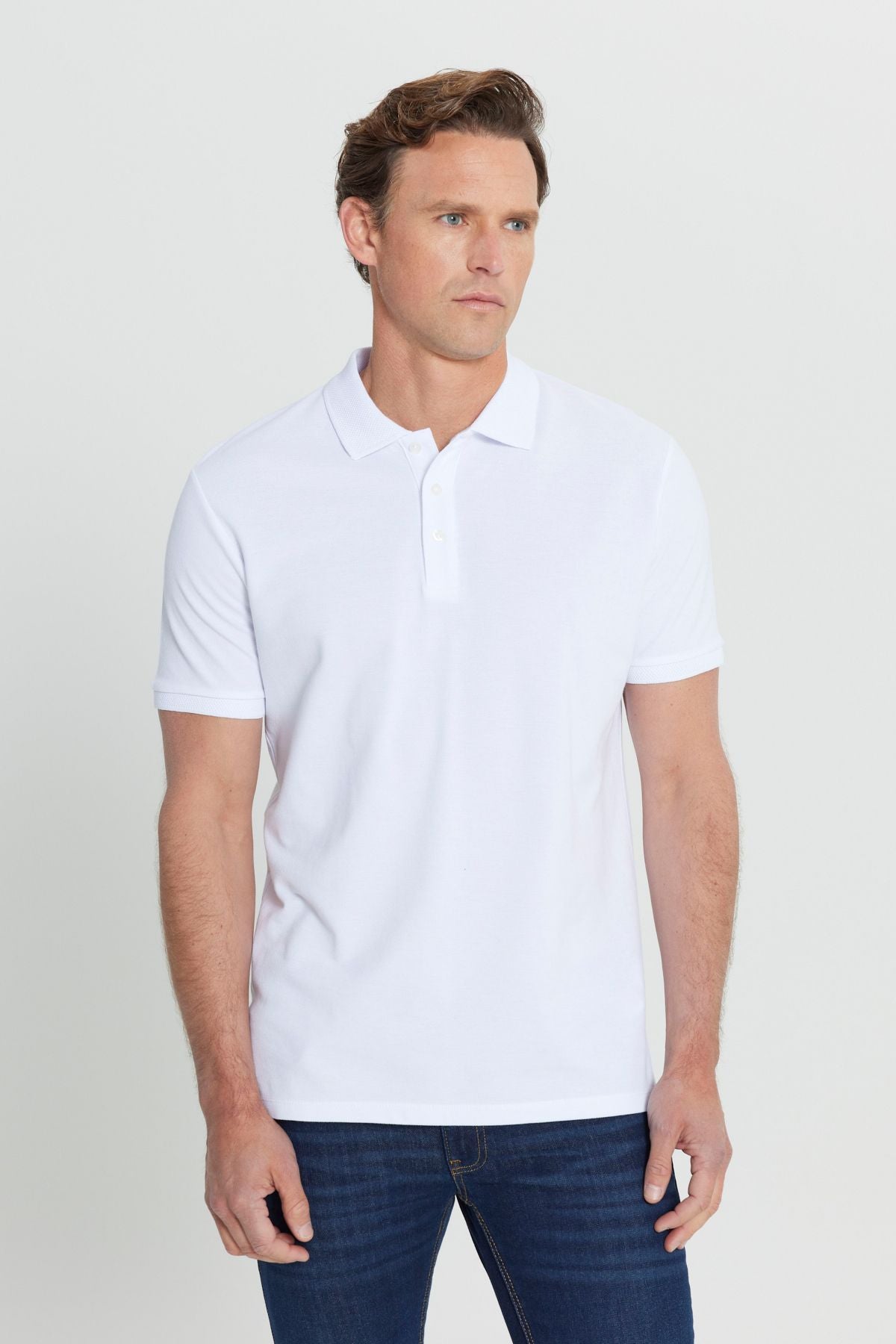 Men's White 100 %Cotton Curlled Pike Sada Slim Fit Narrow Cut T -shirt