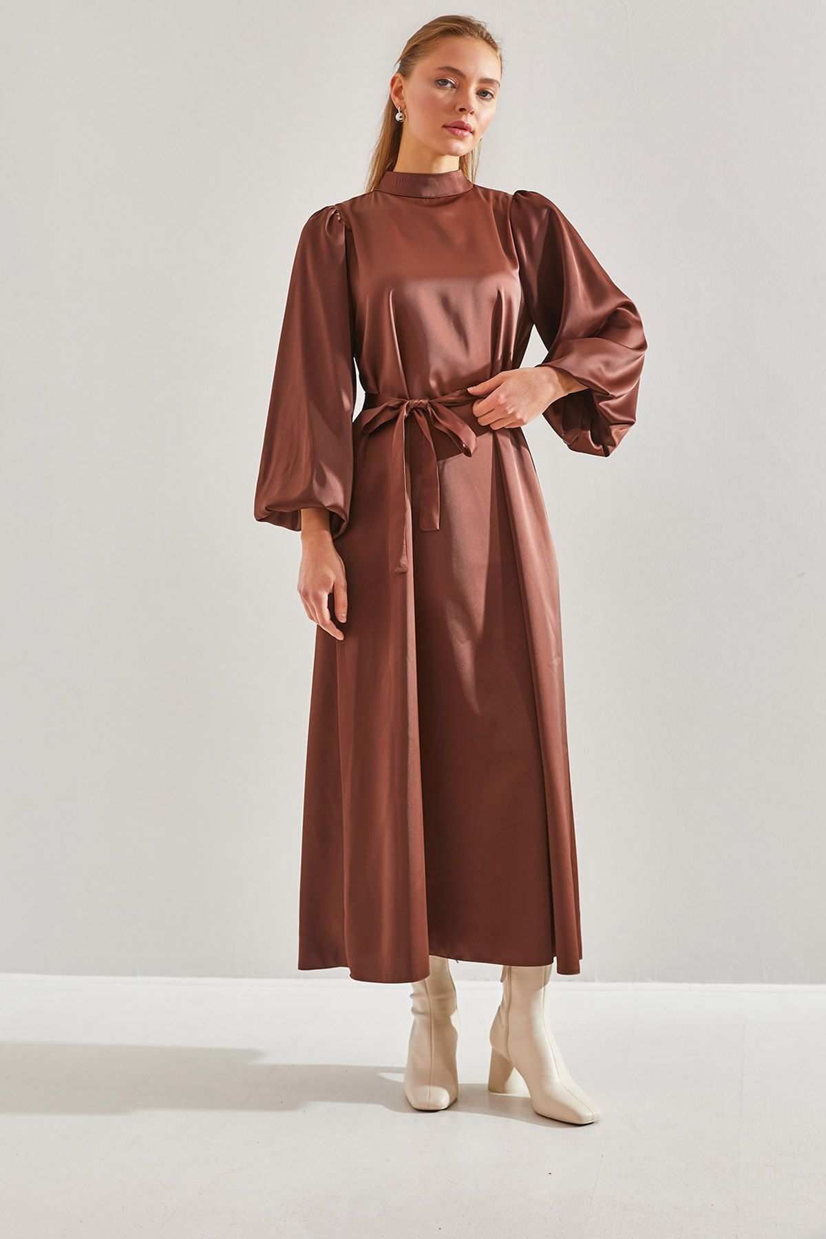 Female Balloon Sleeve Satin Hijab Dress 60151001