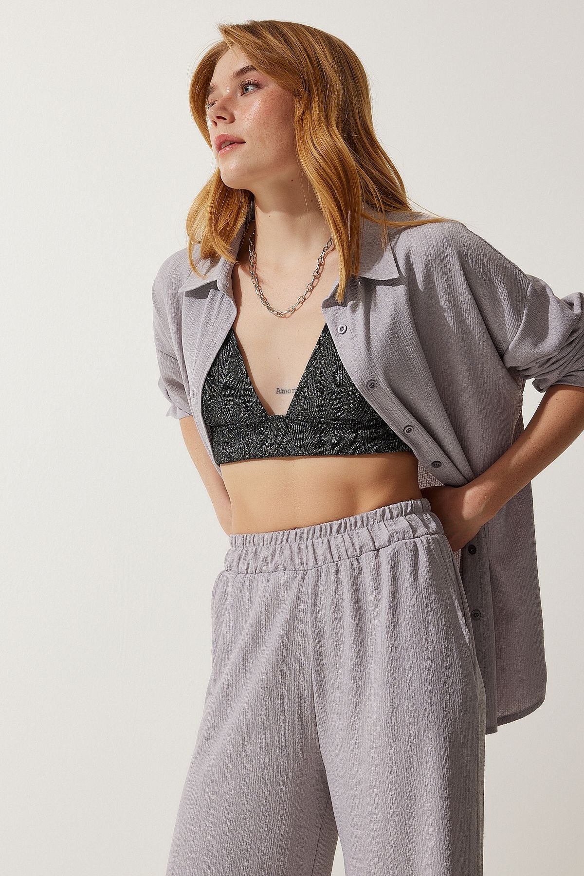 Women's gray comfortable knitted shirt pants set KH00090