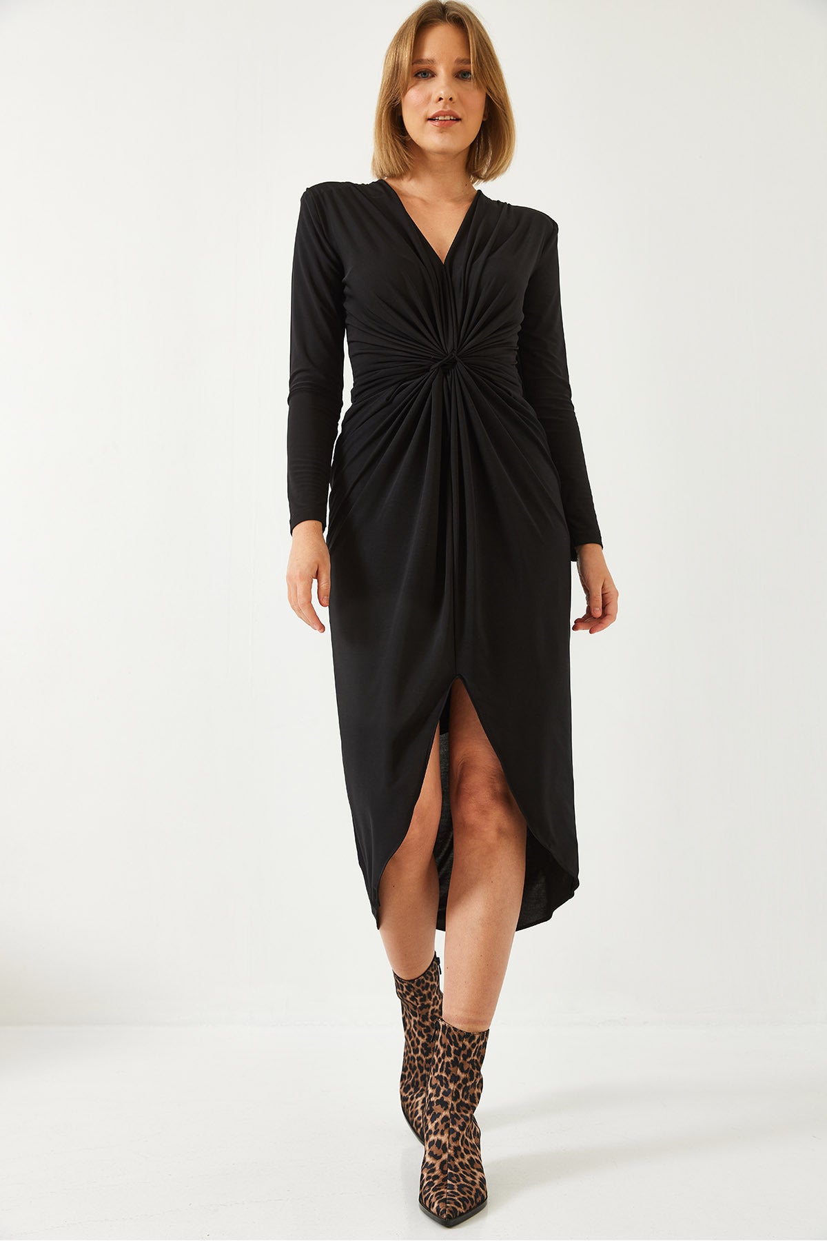 Women's V-neck Gathered Front Candy Fabric Dress 4411 60261154