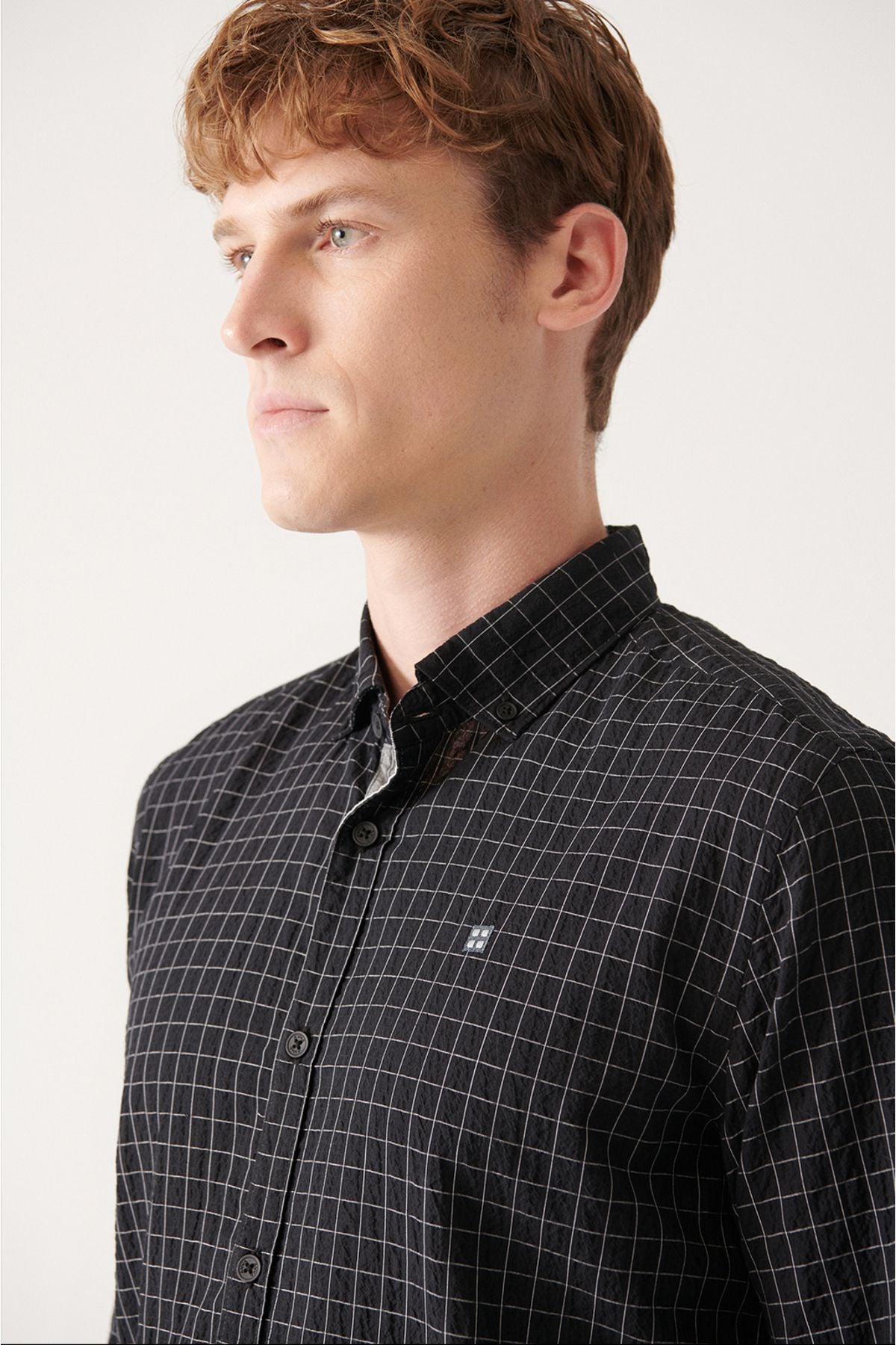 Men's Black Seersucker Cotton Plaid Patterned Shirt A31y2214
