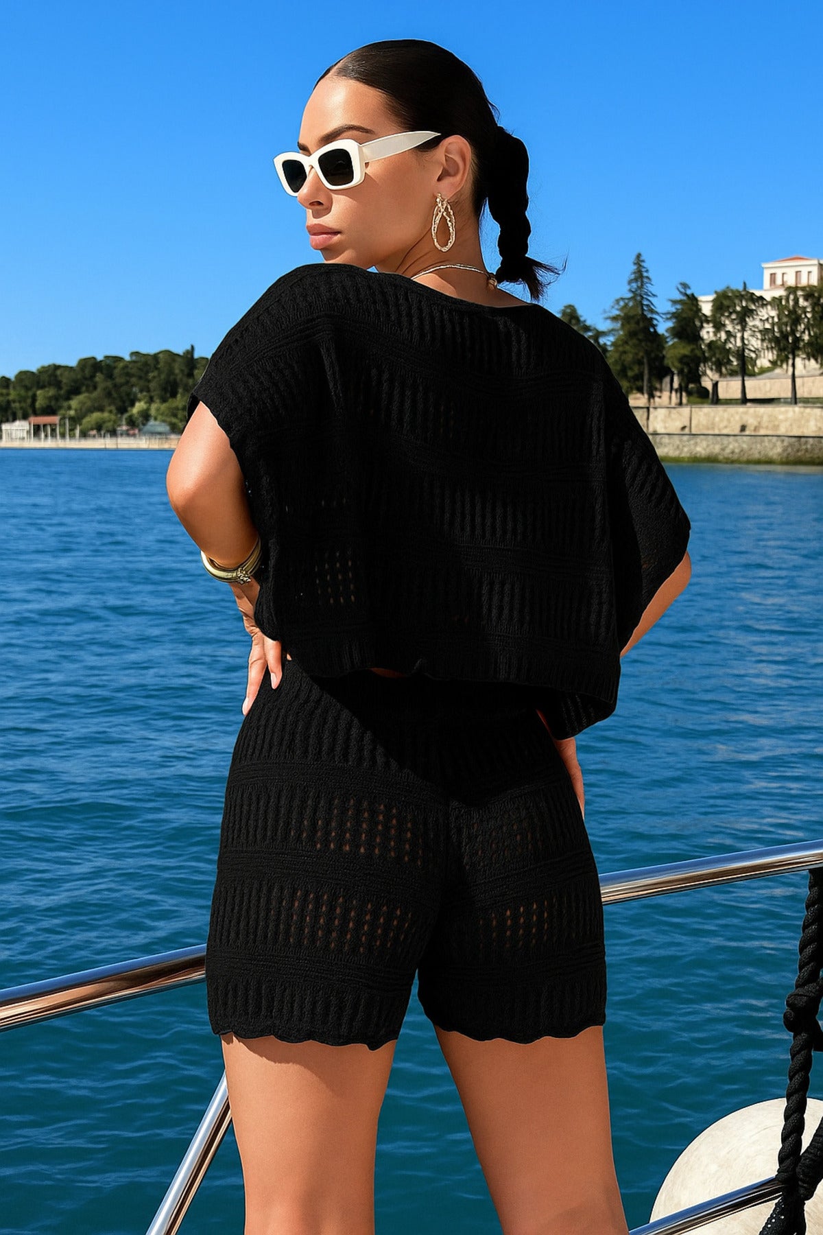 Women's Boat Neck Openwork Knitted Knitwear Bottom-Top Set 20251020