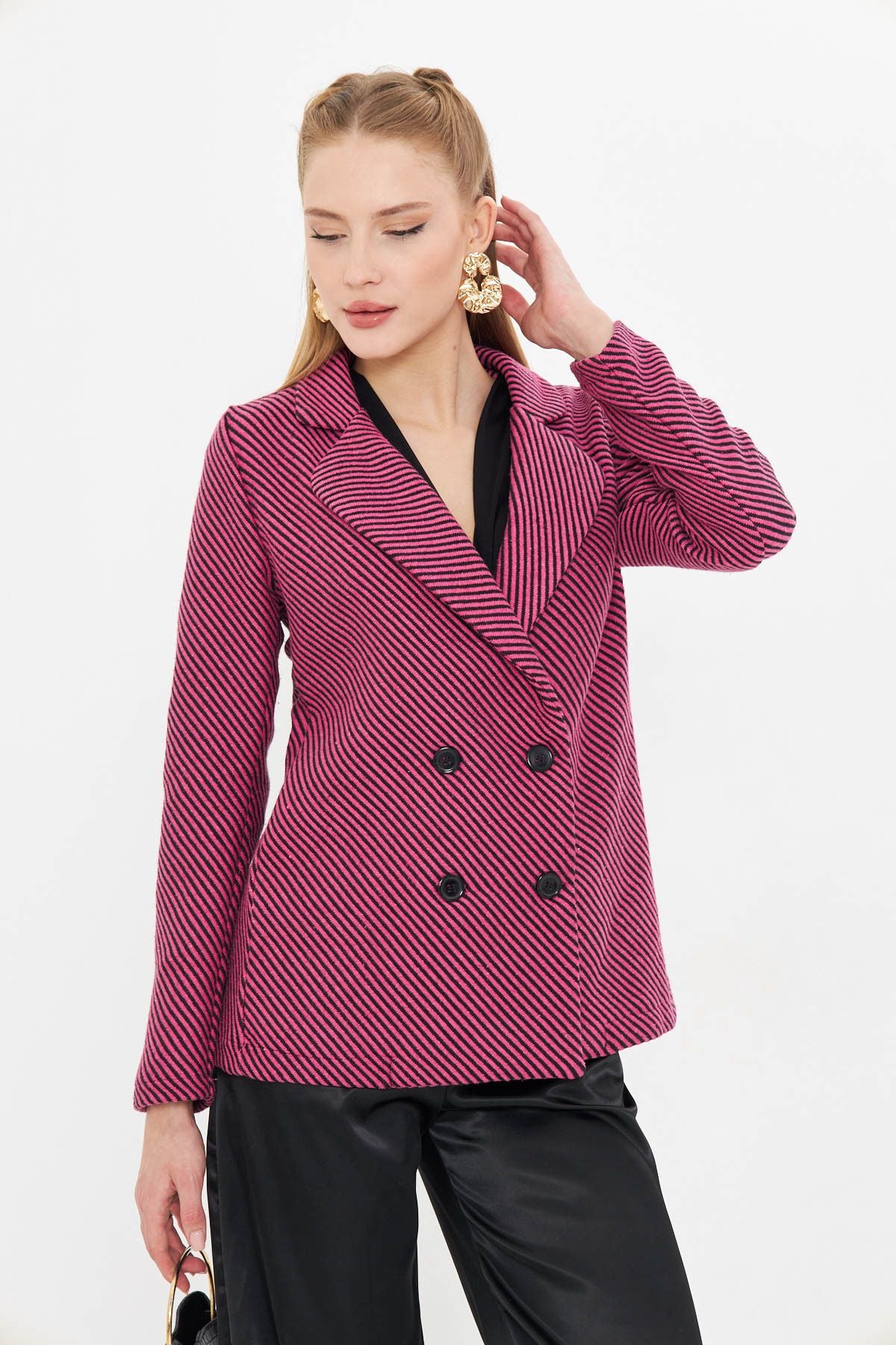 Women's Fuchsia Line Patterned Four buttoned stamp jacket ARM-24K001037
