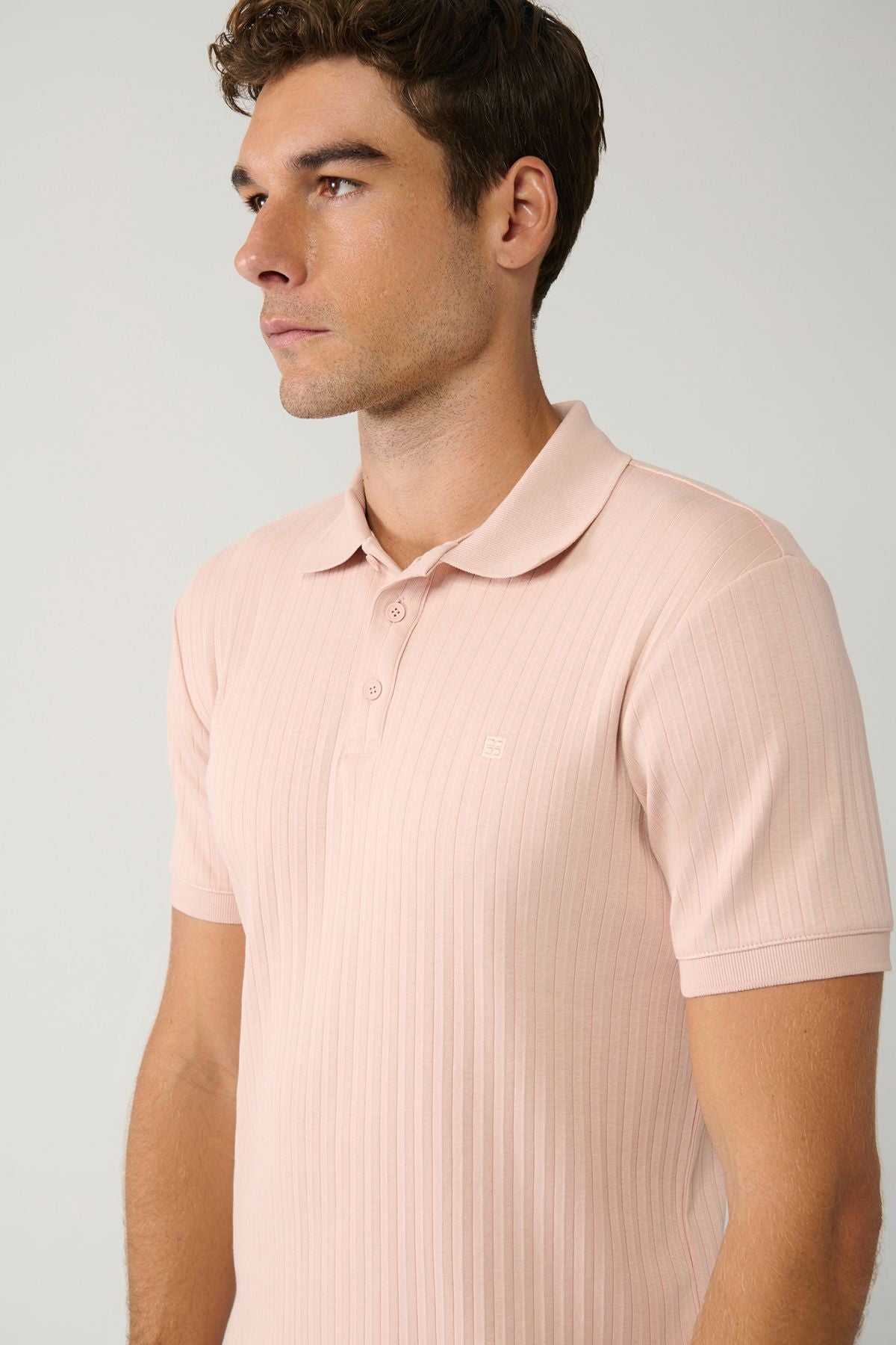 Male Light Pink 100 %Cotton 3 Buttoned Jacquar Polo Yaka T-shirt A41y1354