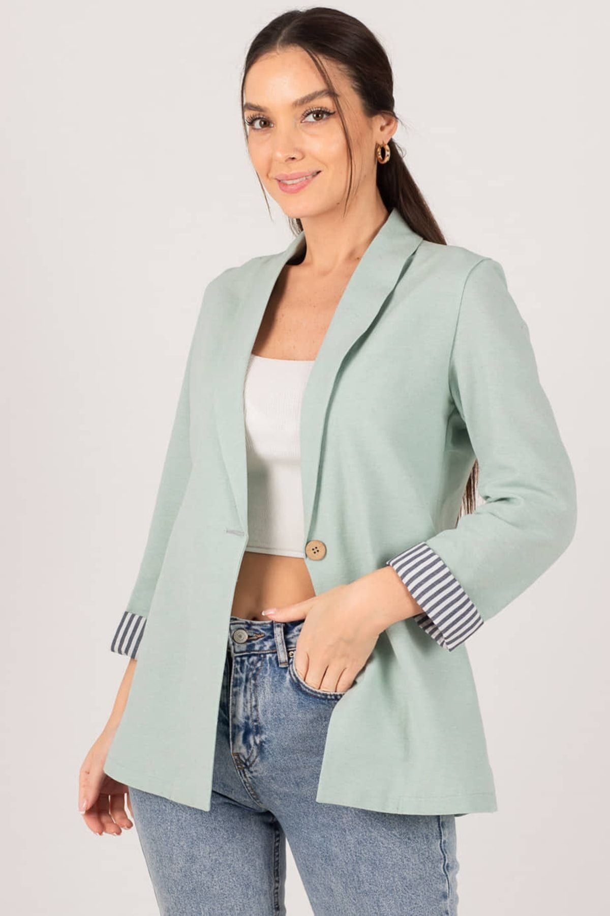 Female Mint Sleeve Striped Single button Jacket ARM-22K001122