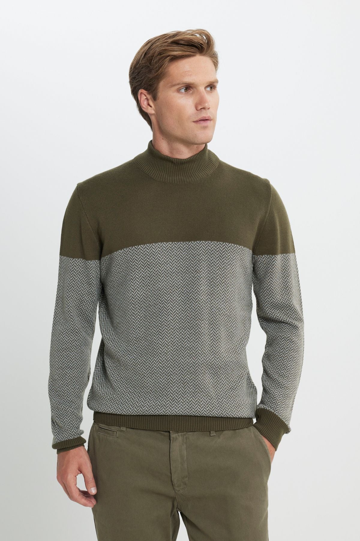 Men's Khaki-Gri Standard Fit Normal Cut Half Fisherman Neck Patterned Knitwear Kazakh