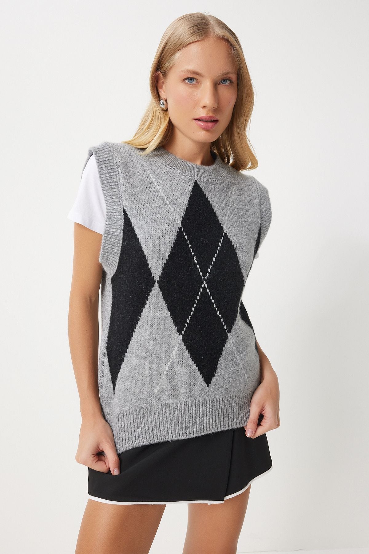 Women's Gray Baklava Patterned Triko Süveter AN00211