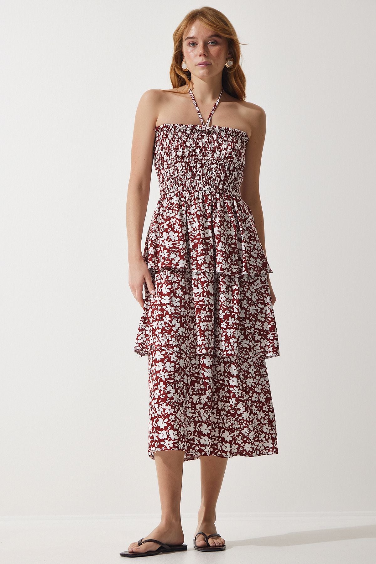 Female Brown Flower Volan summer viscose dress ub00226