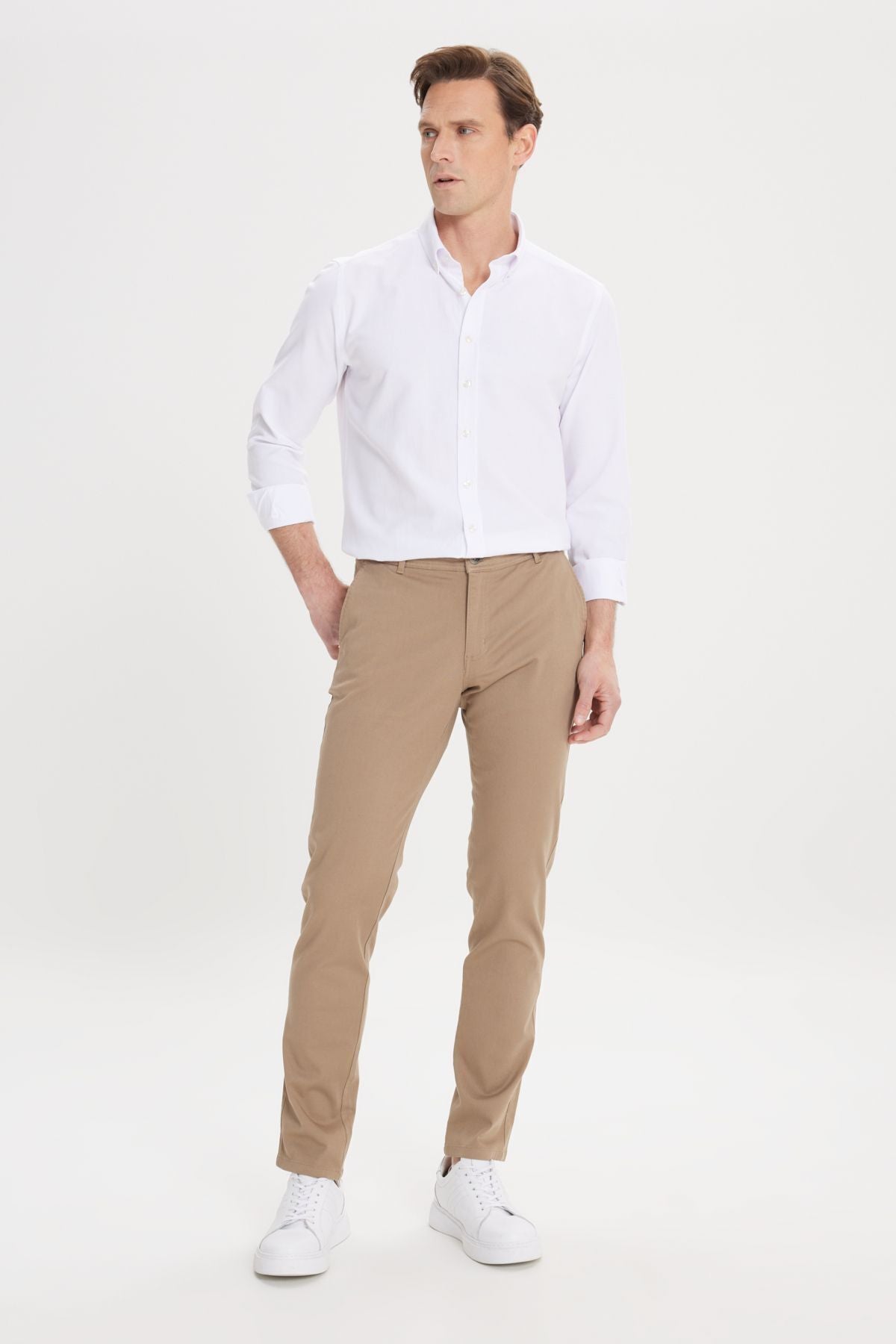 Men's Camel Kanvas Slim Fit Narrow Cut Side Pocket Flexible Chino Pants