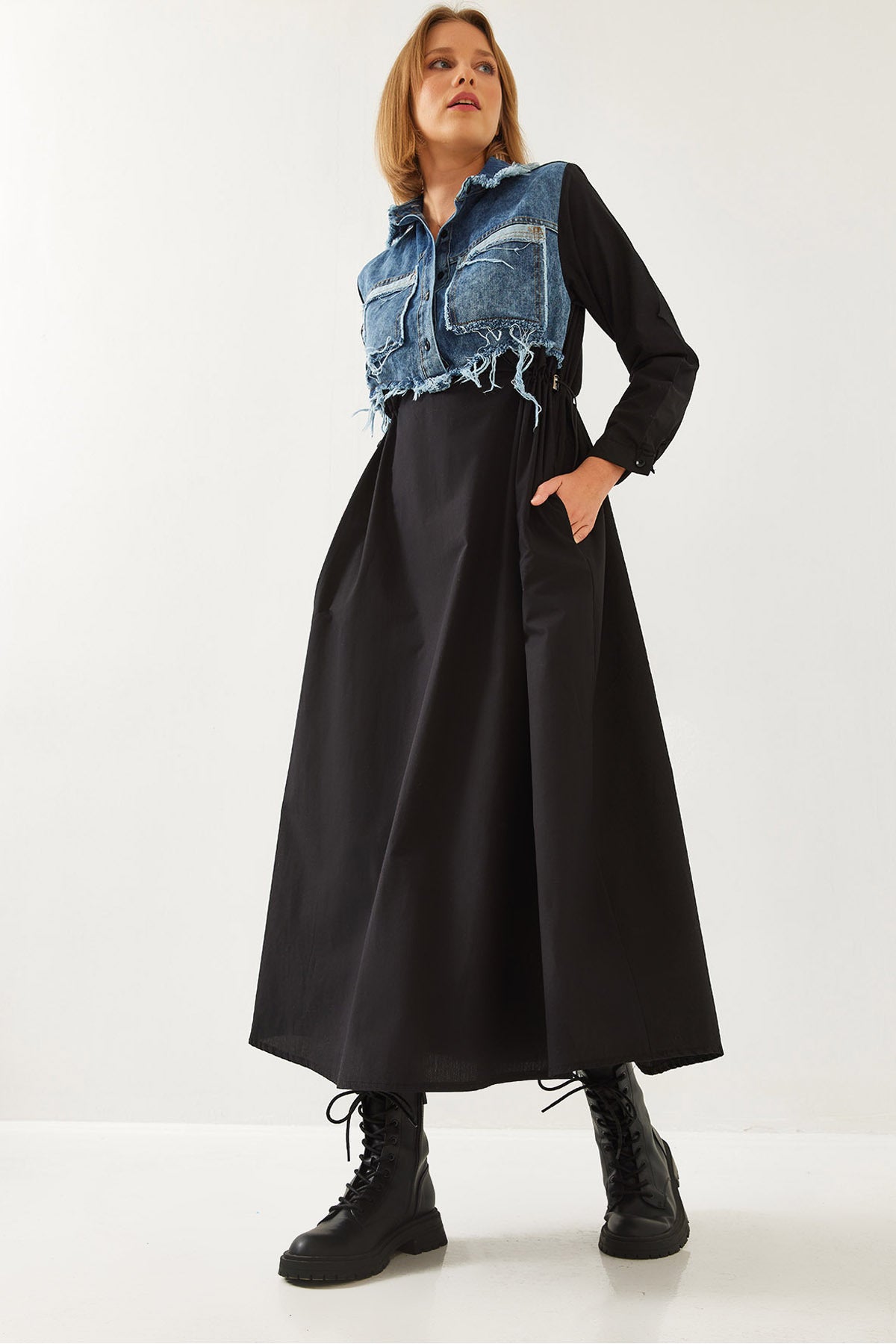 Women's Denim Garnished Long Flared Dress 60351248