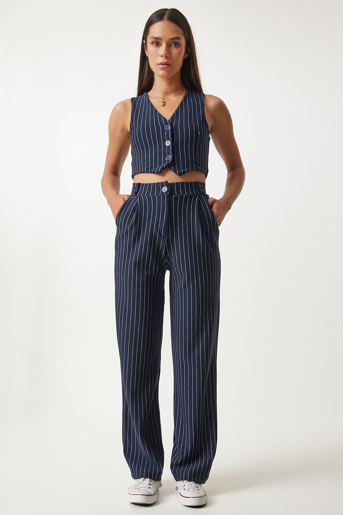 Woman Navy blue fine striped knitted vest pants set Mc00287